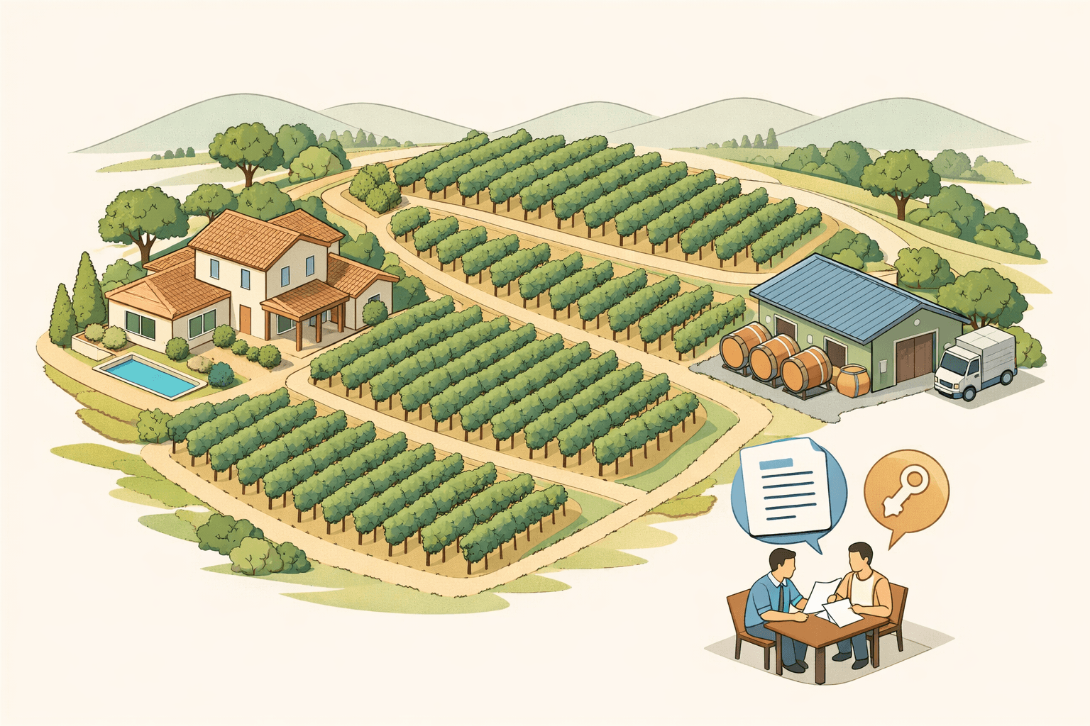 Isometric view of a vineyard estate with a farmhouse, grapevine rows, and small figures reviewing loan documents outdoors