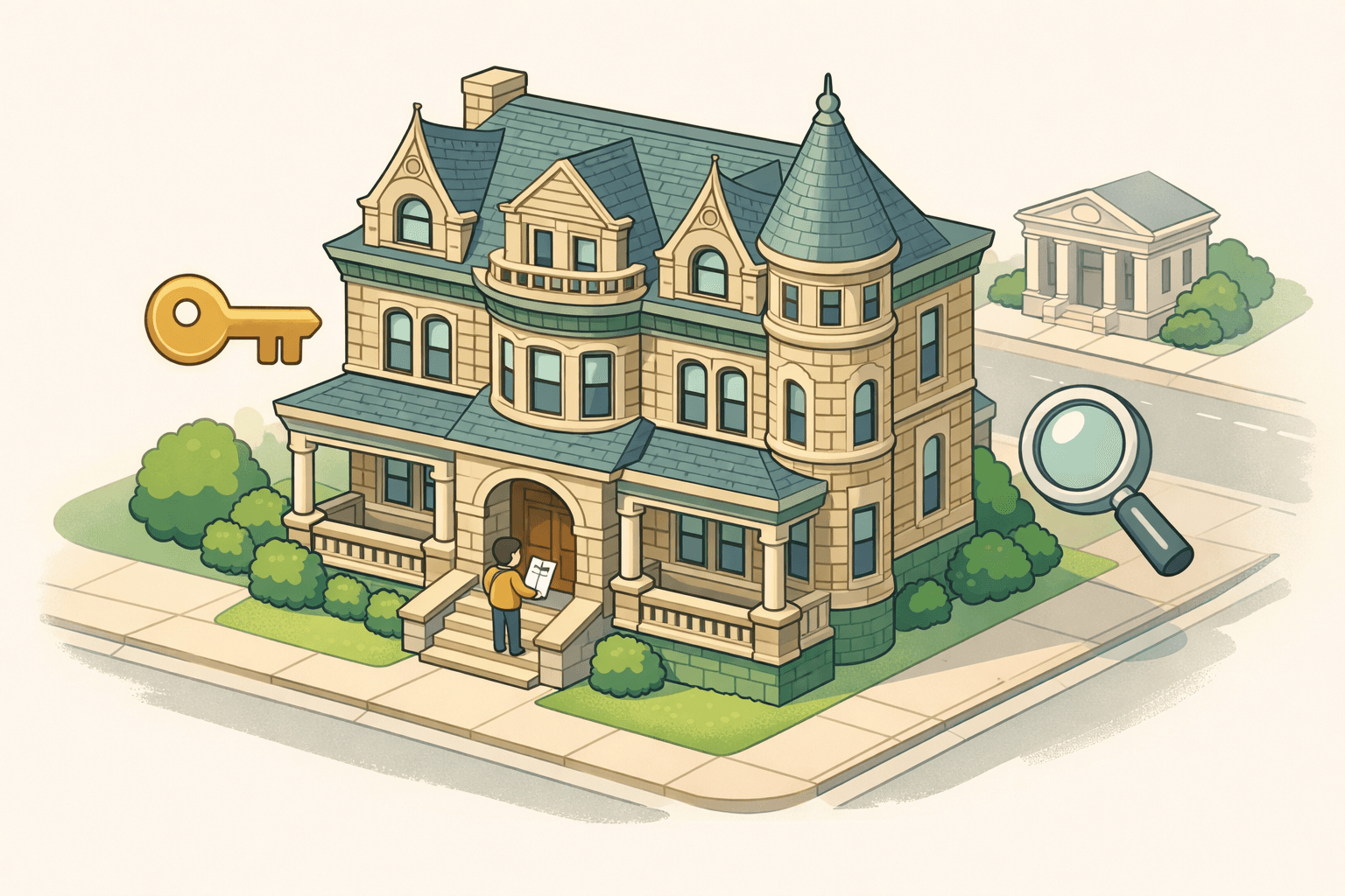 A historic landmark home with ornate architectural features sits on a quiet street beside a small bank building and document icons.