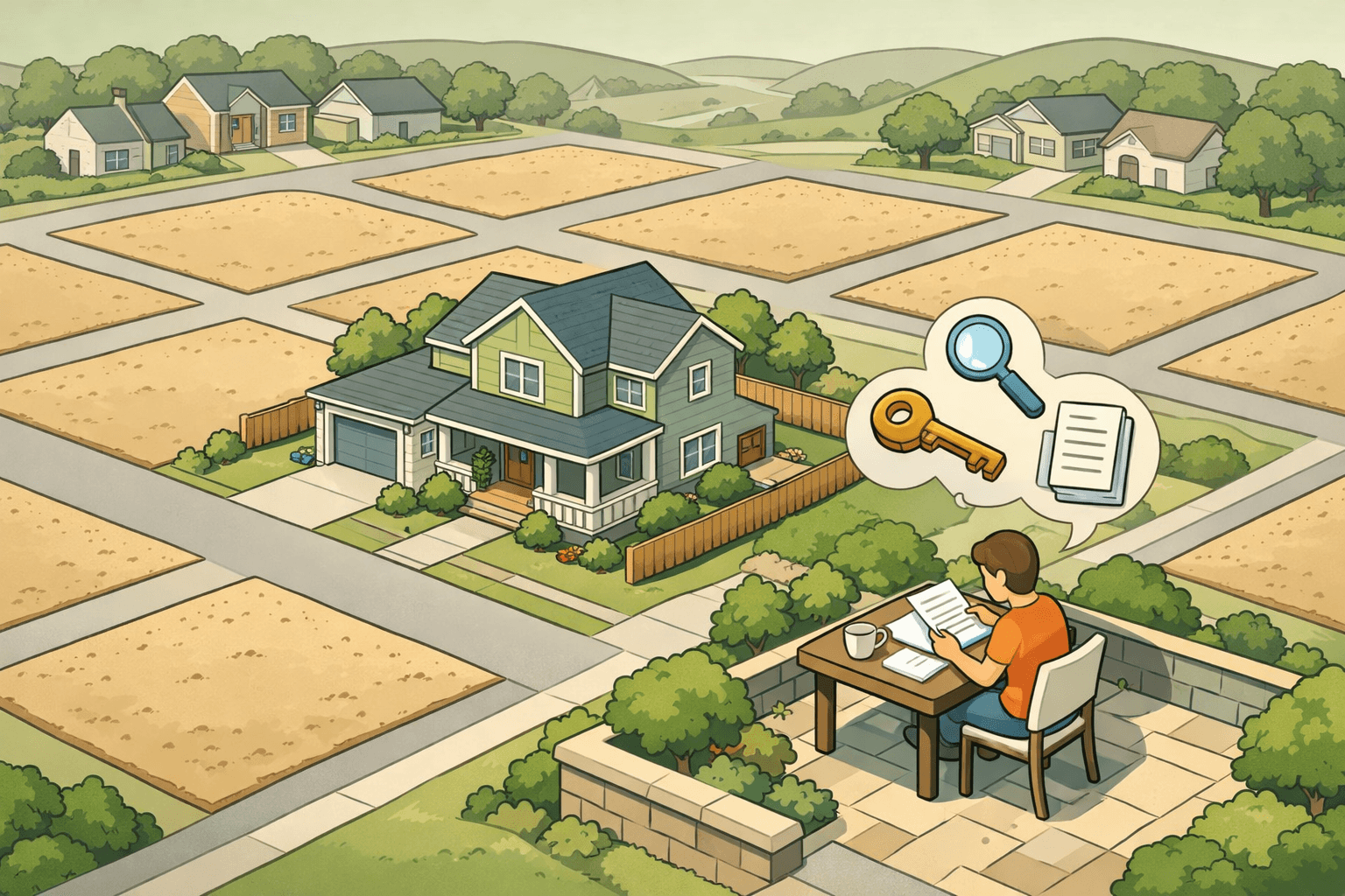 A home surrounded by multiple adjacent vacant lots with a person reviewing financing documents outdoors
