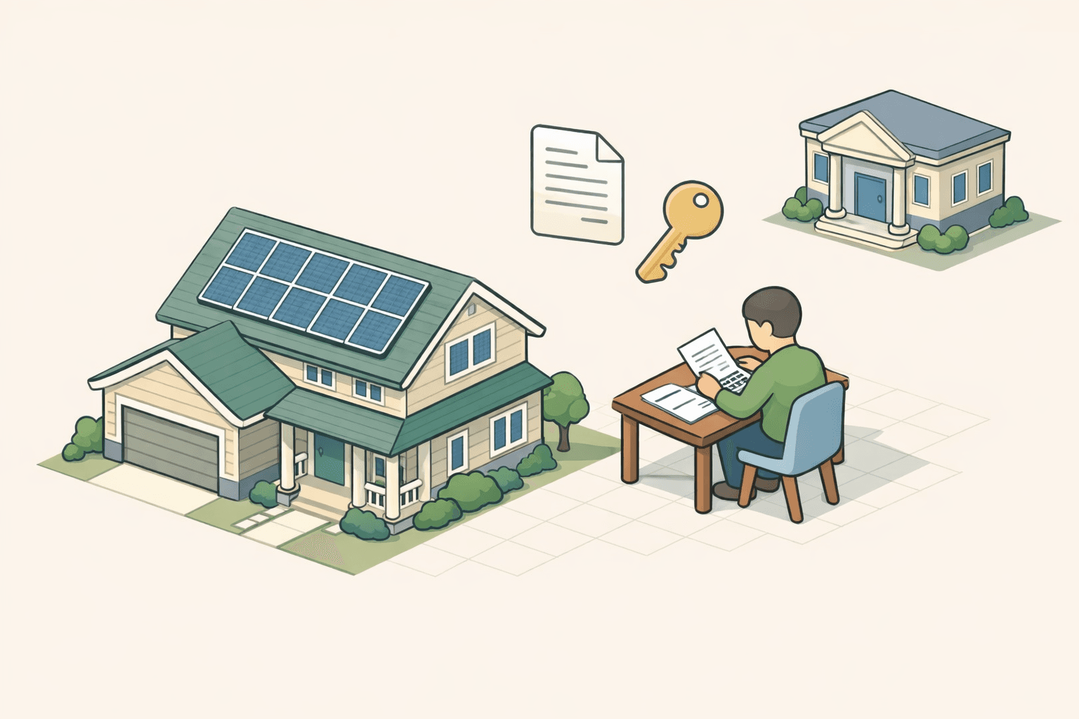 Isometric home with solar panels on roof and a figure reviewing HELOC loan documents beside a lender building