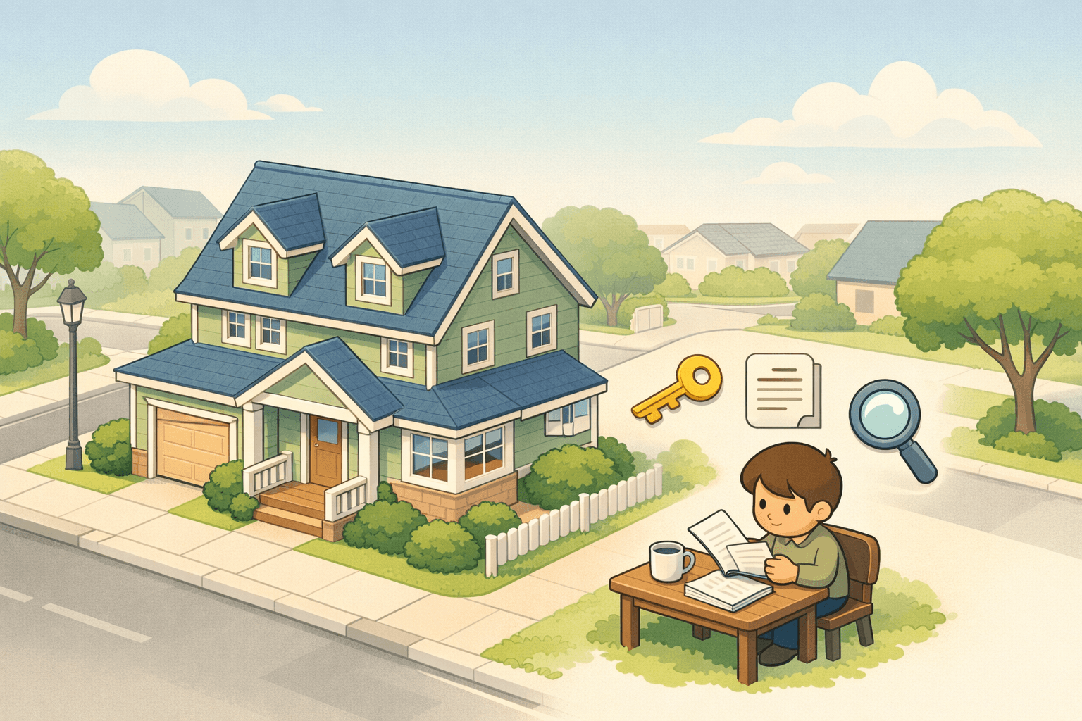 A homeowner reviews HELOC documents beside their primary residence in a quiet neighborhood setting
