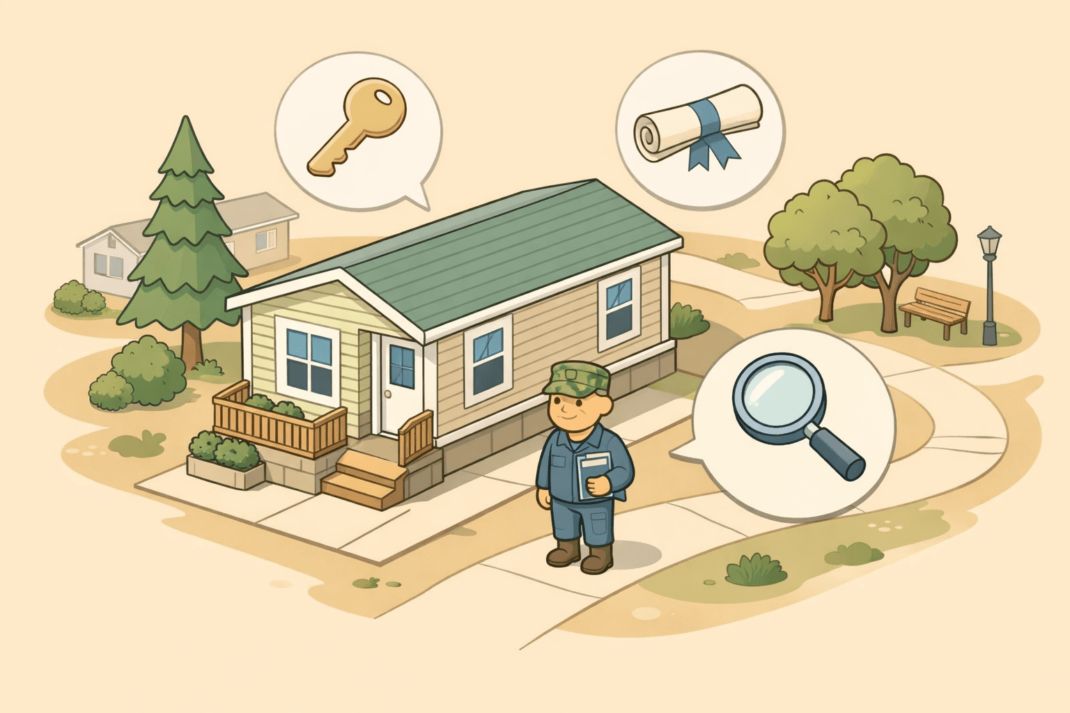 A manufactured home on a permanent foundation in a land-lease community with a veteran reviewing loan documents nearby.