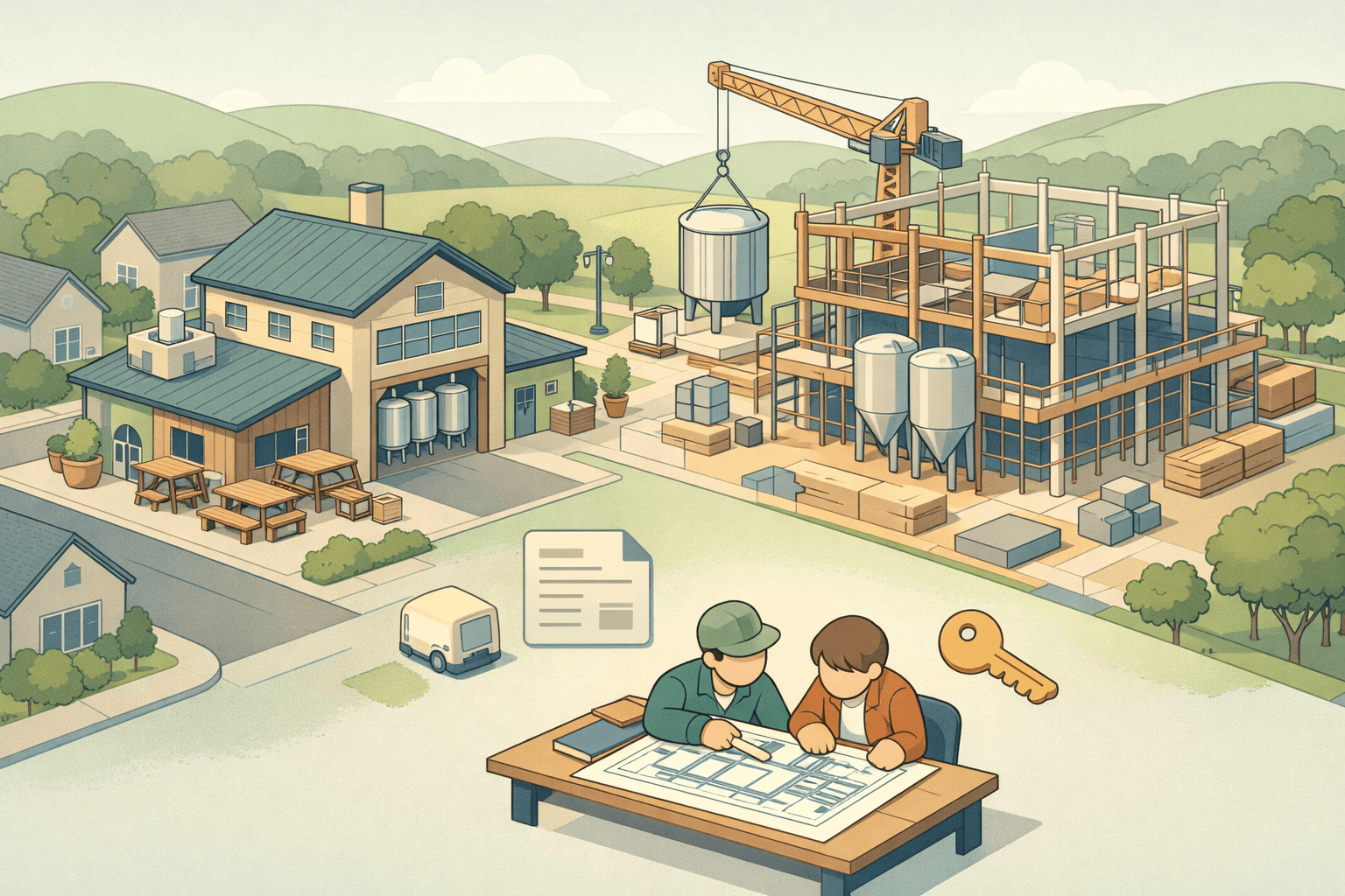 Isometric scene of a craft brewery expanding into a second building with small figures reviewing plans nearby
