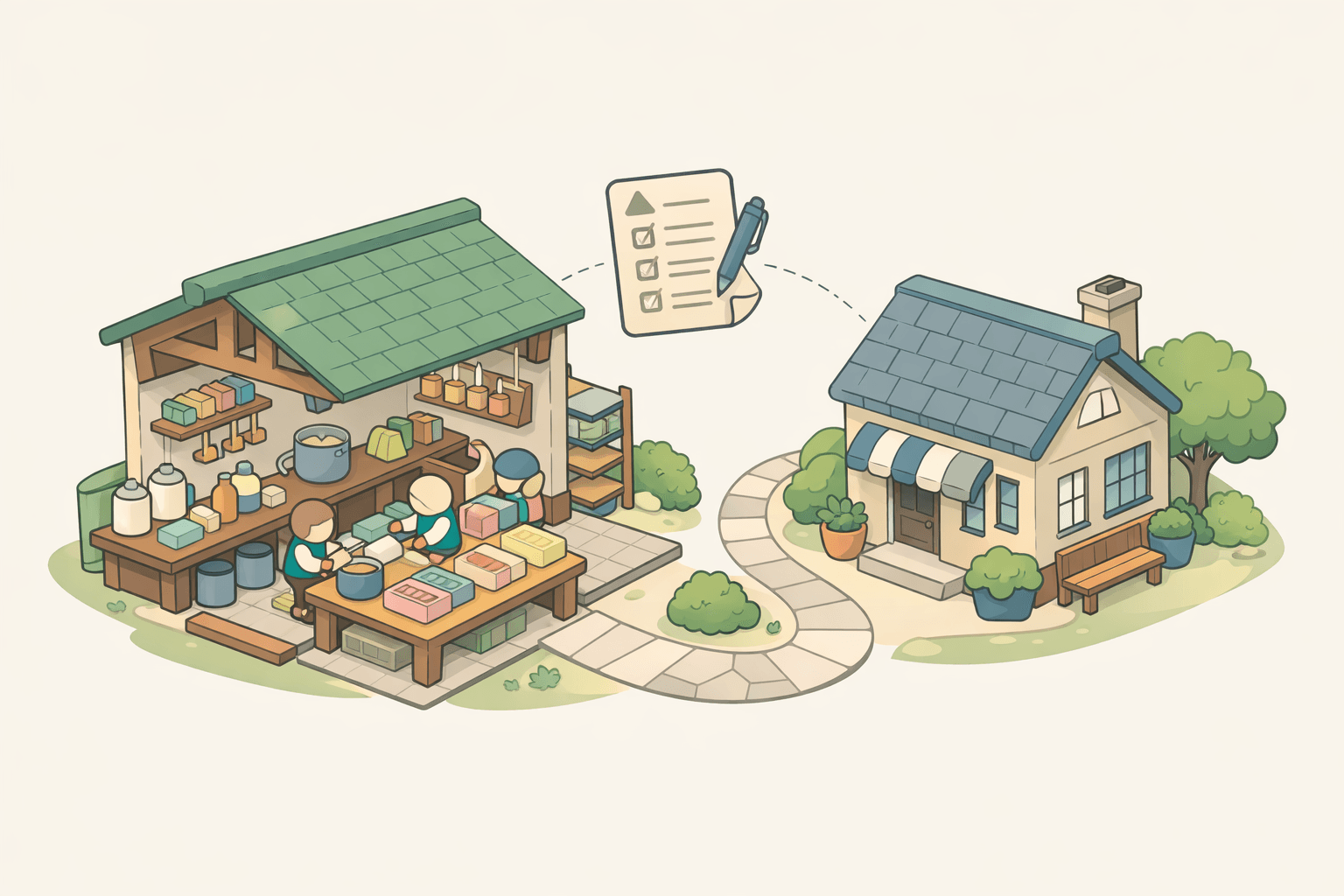 Isometric scene of a small artisan soap workshop with a loan document icon and a community lending office connected by a path