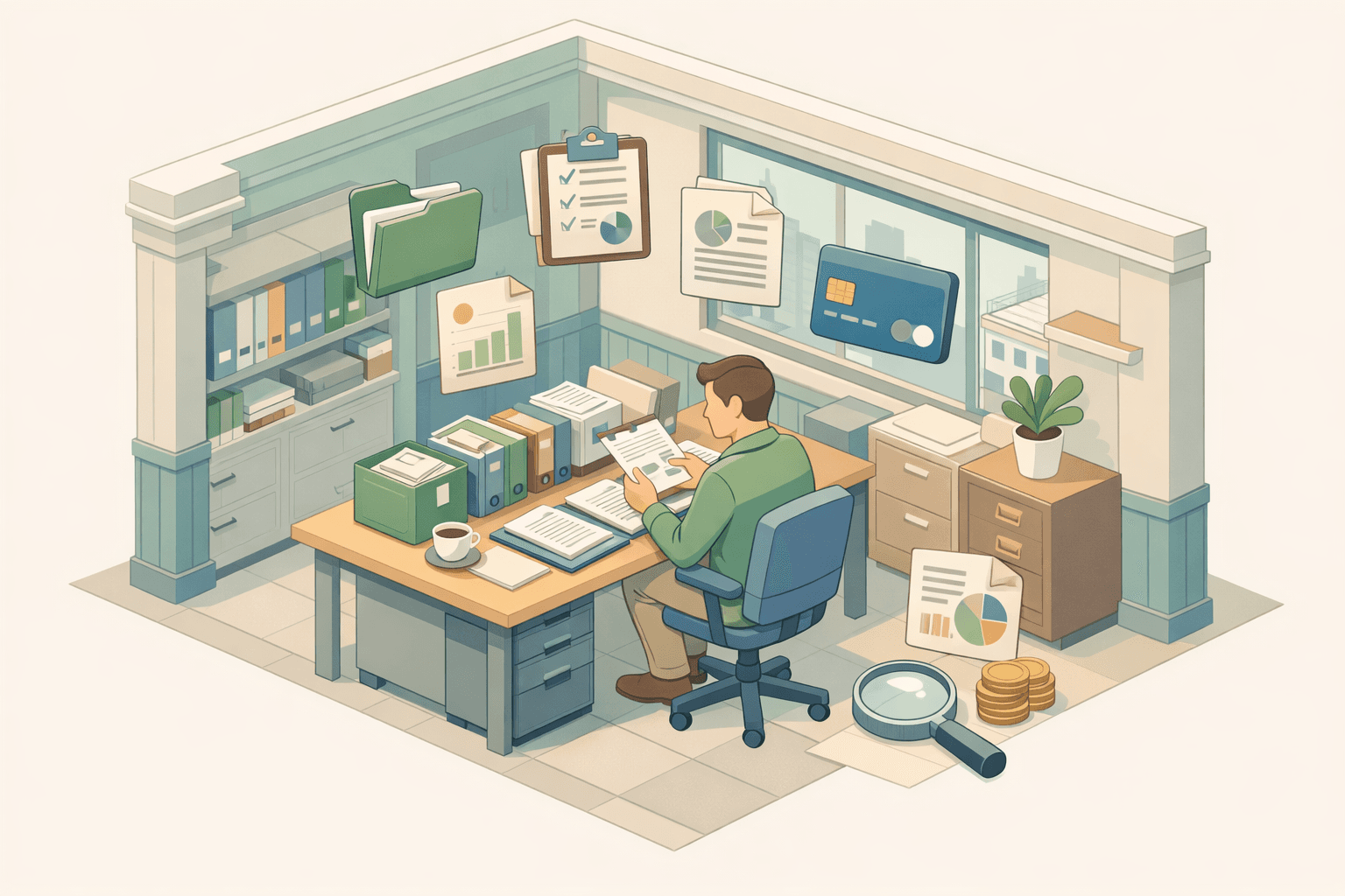 A freelance consultant reviewing financial documents at a desk surrounded by multiple client files and a business credit application