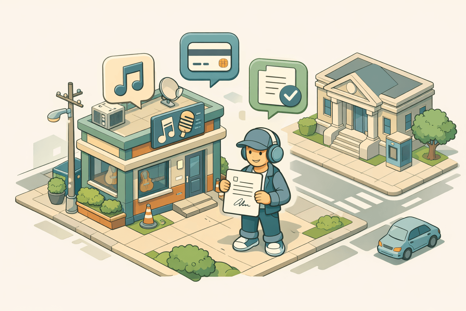 Freelance musician standing outside a small studio holding a performance contract near a bank building