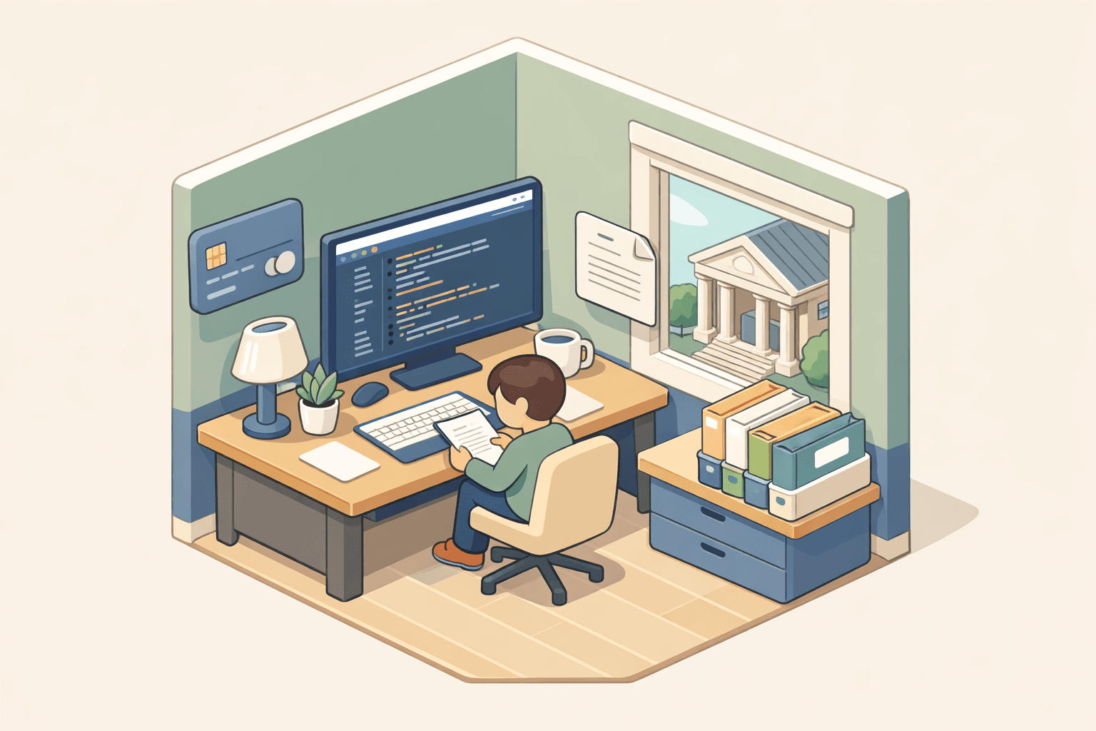 Freelance software developer reviewing business credit documents at a home office desk with a bank building in the background