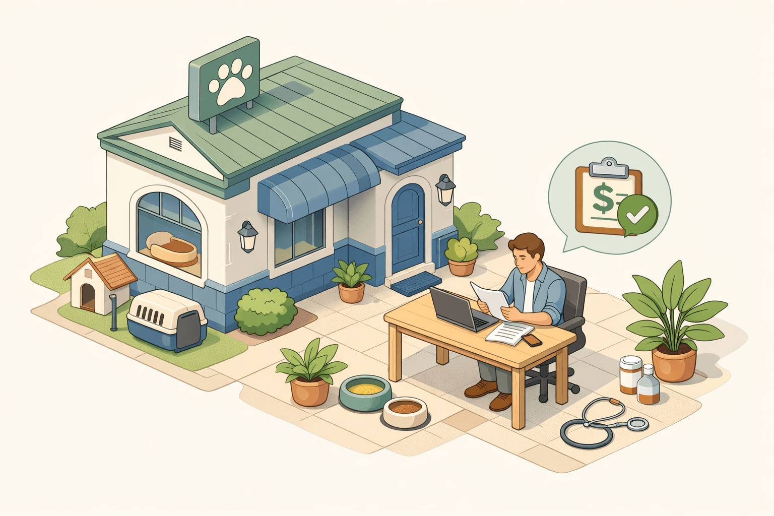 A freelance veterinary technician reviews business credit documents at a desk outside a small animal clinic