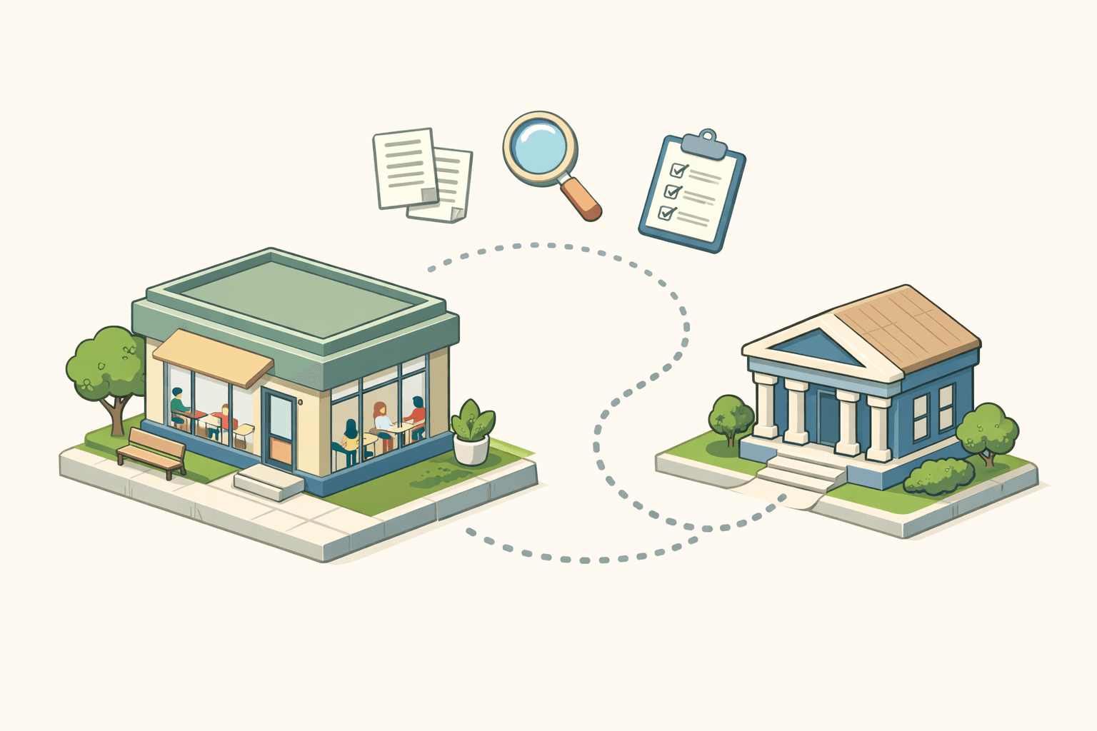 Isometric illustration of a tutoring center building with tiny figures and floating document icons representing a business loan application process