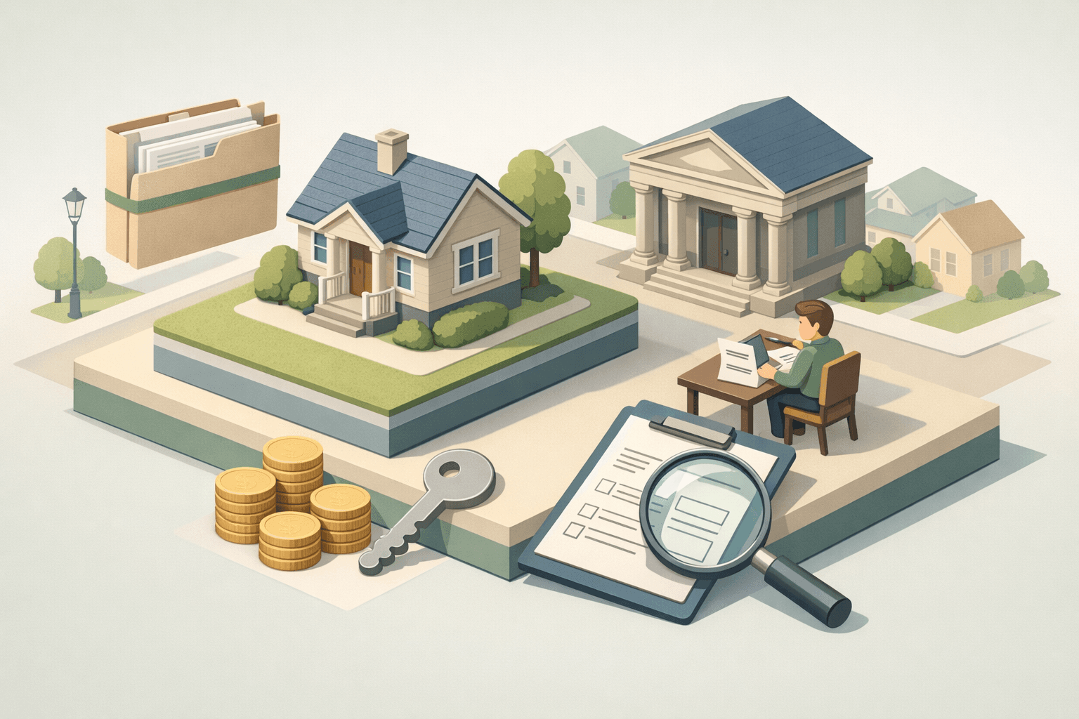 A house, estate documents, and a key icon on a desk representing inherited funds used for a mortgage down payment