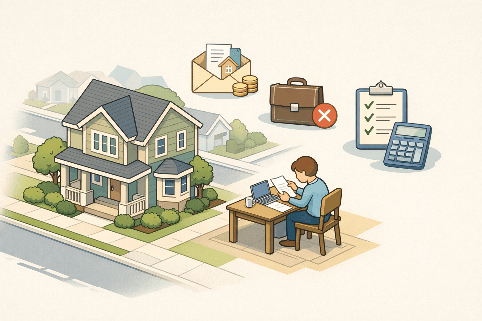 A house on a neighborhood street with a person reviewing documents beside inherited funds and job loss symbols nearby
