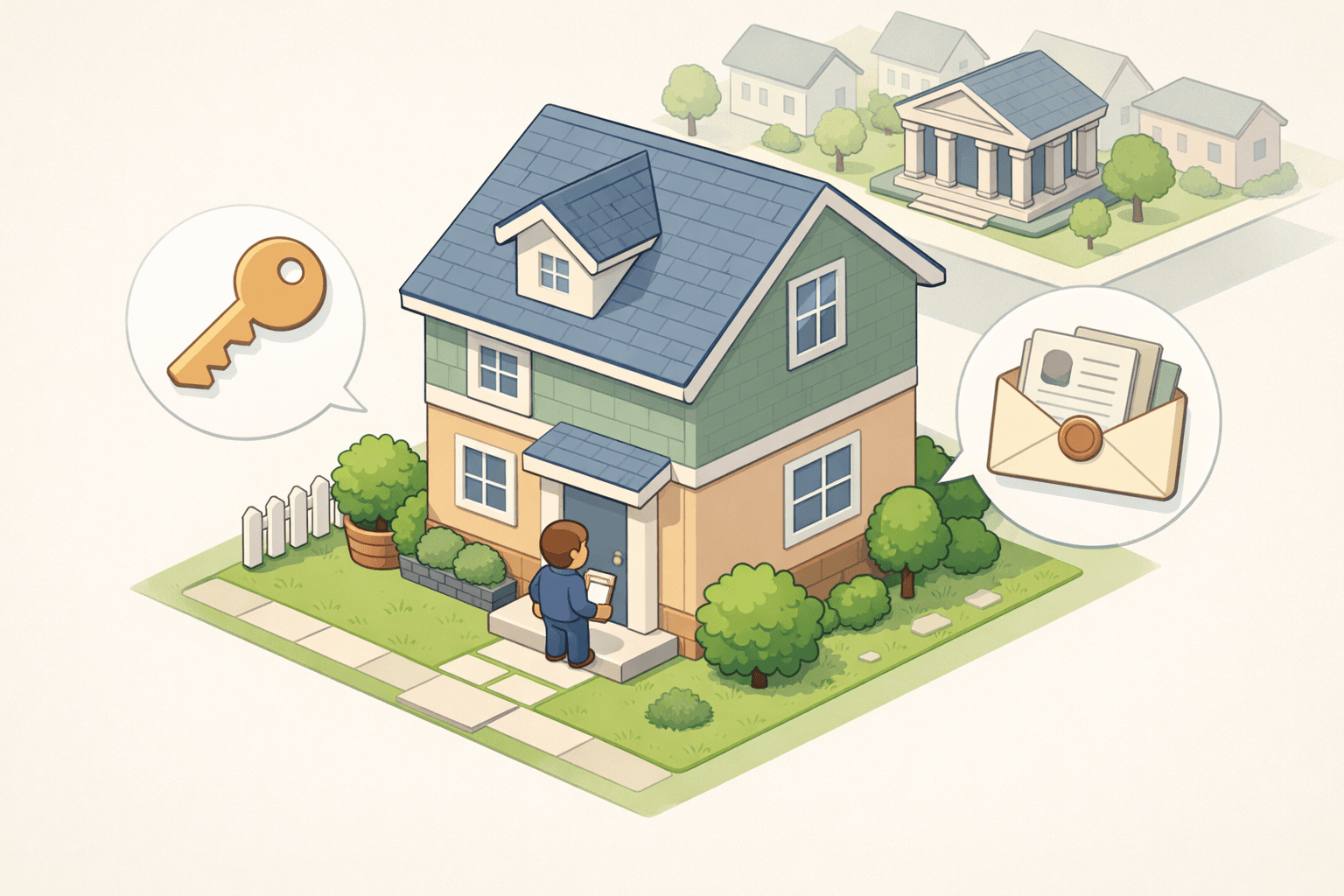 A house with a person holding documents and a key, symbolizing buying a home using inherited funds as a down payment.