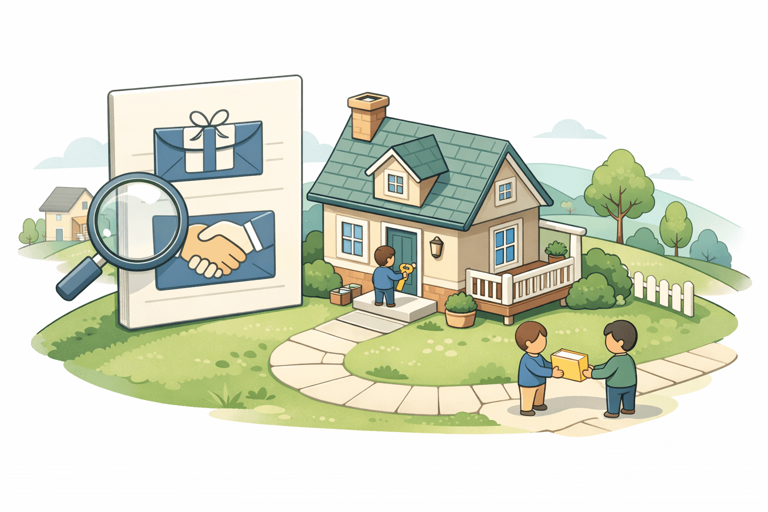 A small isometric house with a gift document and key icon, representing a sibling gift-funded down payment for a conventional loan.