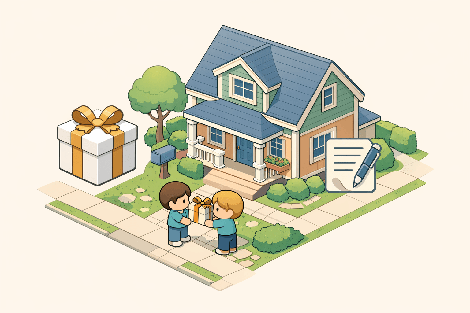 A homebuyer receiving a gift box outside a two-story house, symbolizing sibling gift funds for a conventional mortgage down payment.