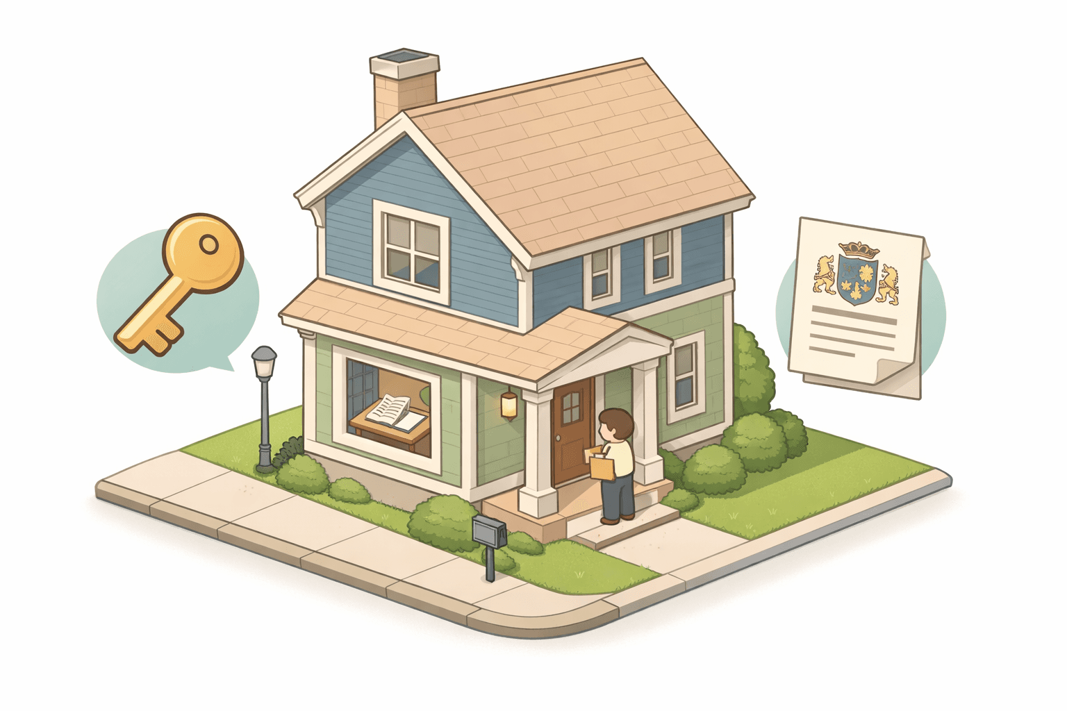 A small house on a neighborhood street with a person holding documents, representing buying a home with inherited funds.
