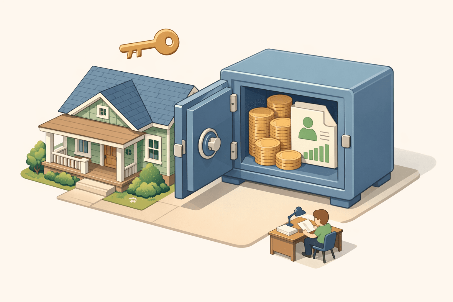 A house beside a retirement savings account safe with a person reviewing documents and a floating key icon above