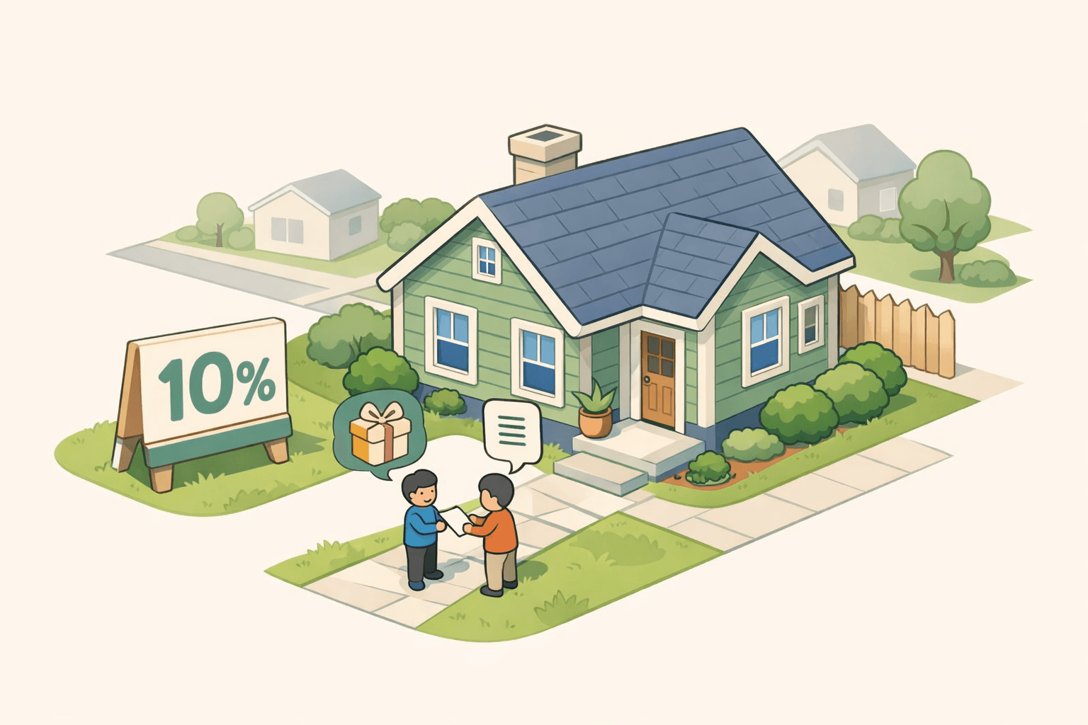 Two siblings reviewing mortgage documents outside a home they are preparing to purchase together with a gift down payment.