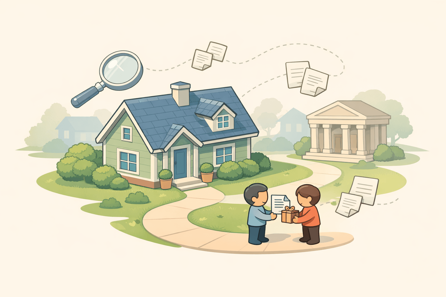 Two siblings standing outside a house, one handing a gift and documents to the other as they prepare to buy a home together.
