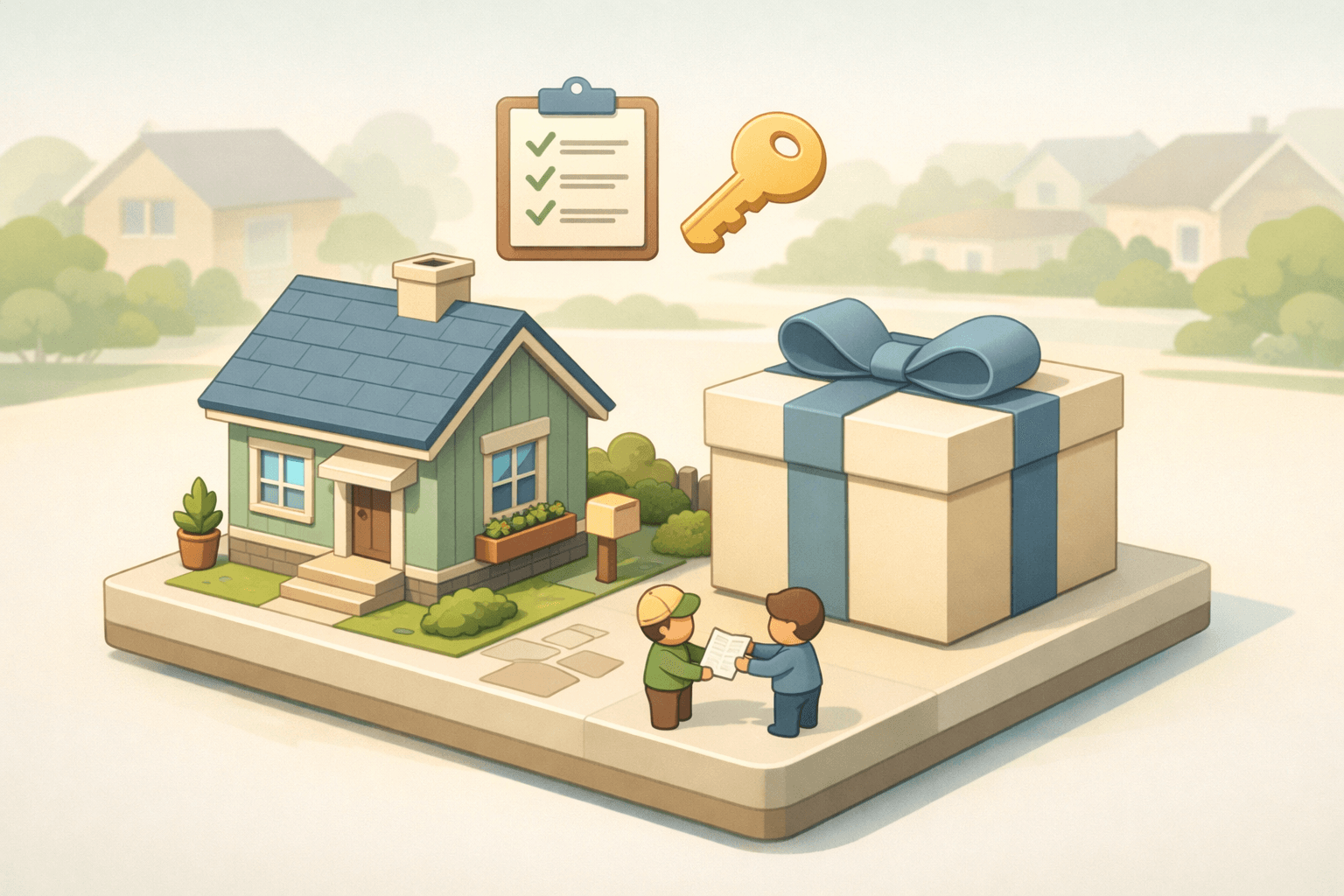 A house and gift box with two small figures exchanging documents representing a gifted down payment for a conventional mortgage