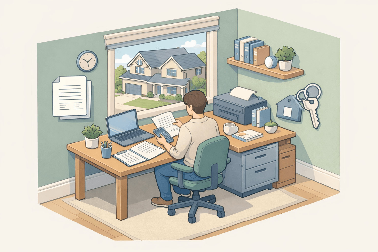 Self-employed person reviewing mortgage documents at a home office desk with a house visible in the background