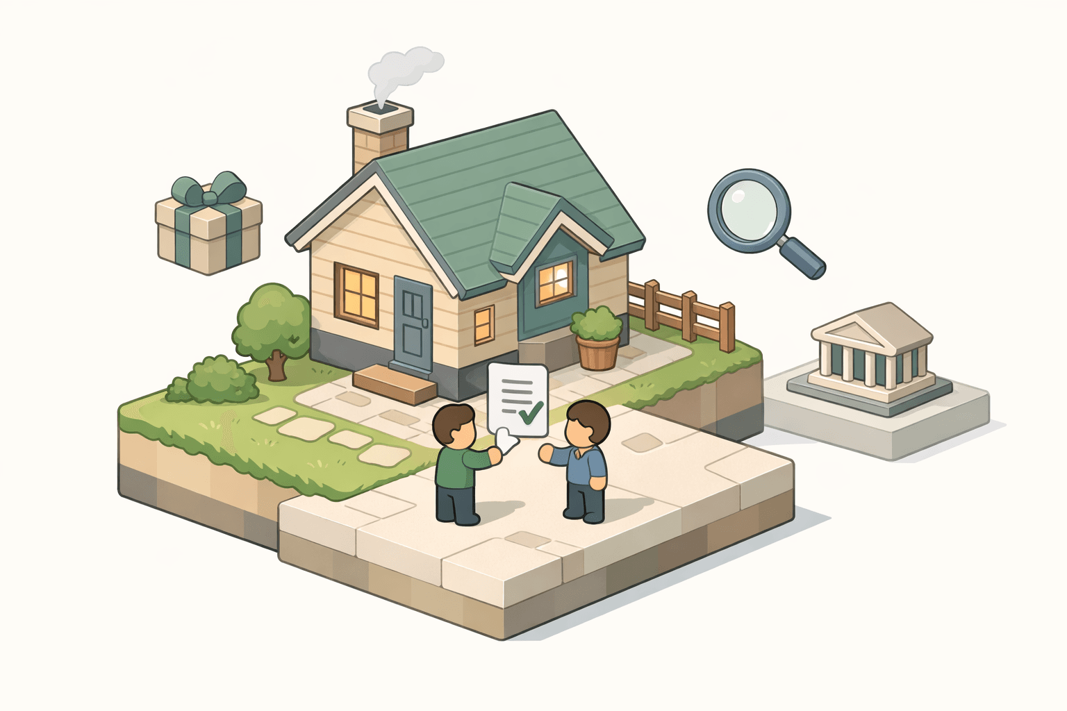 Two siblings near a house with gift funds and mortgage documents representing a conventional loan down payment gift