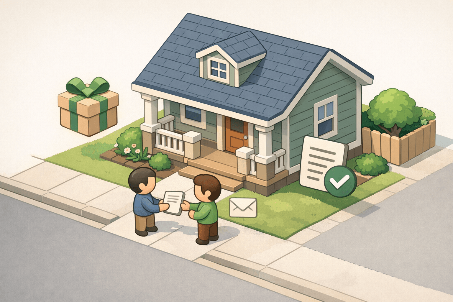 Two people exchanging documents outside a house representing a sibling gift used for a conventional loan down payment