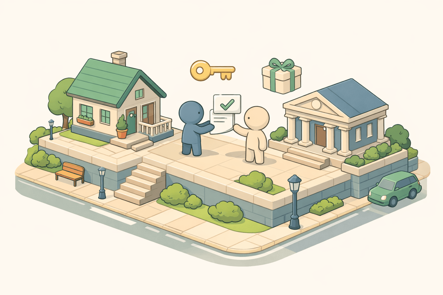 A sibling handing gift funds to a homebuyer near a house and bank building in a quiet neighborhood