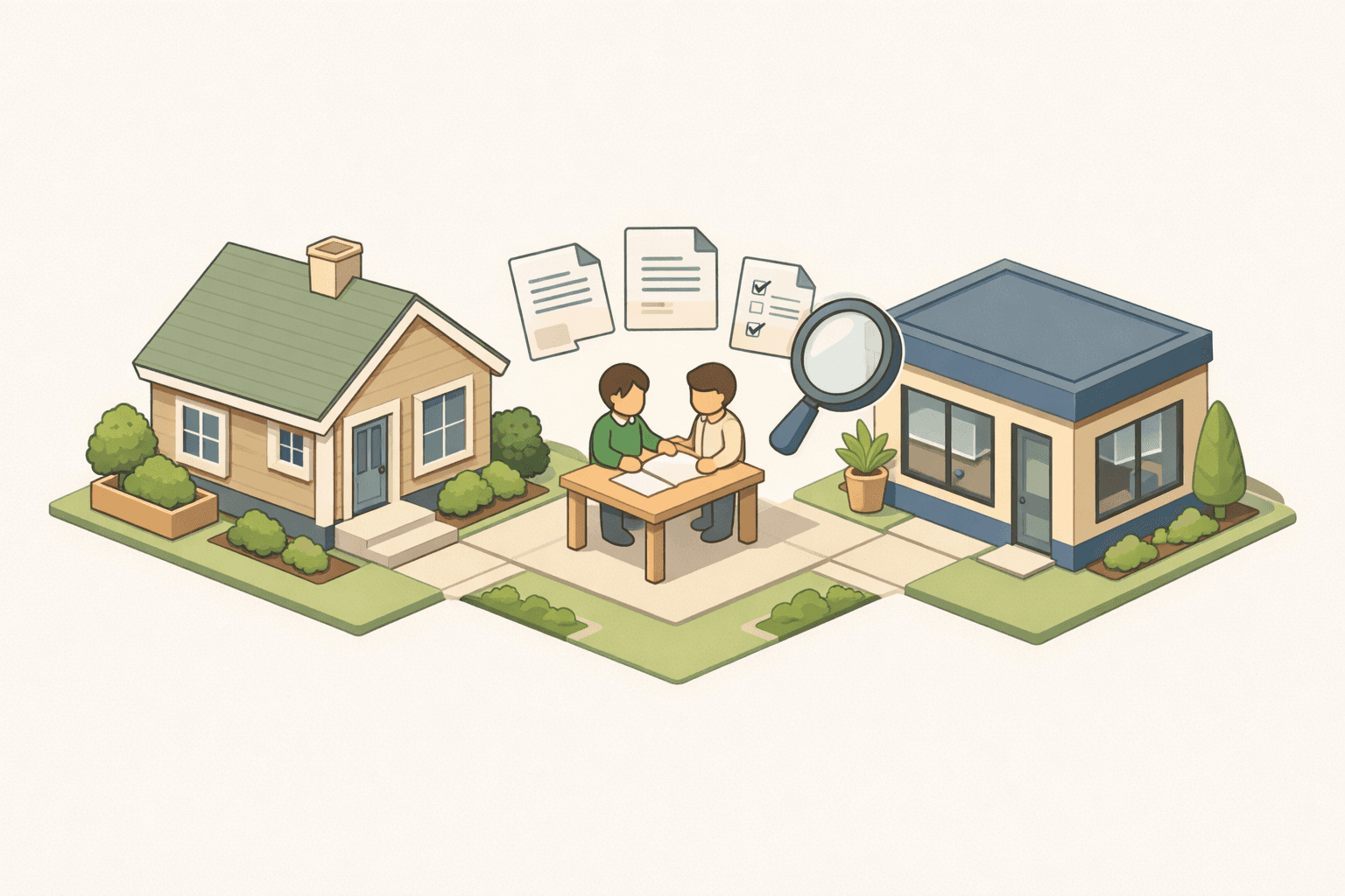 A homebuyer and self-employed co-signer reviewing mortgage documents together near a house and small office building.