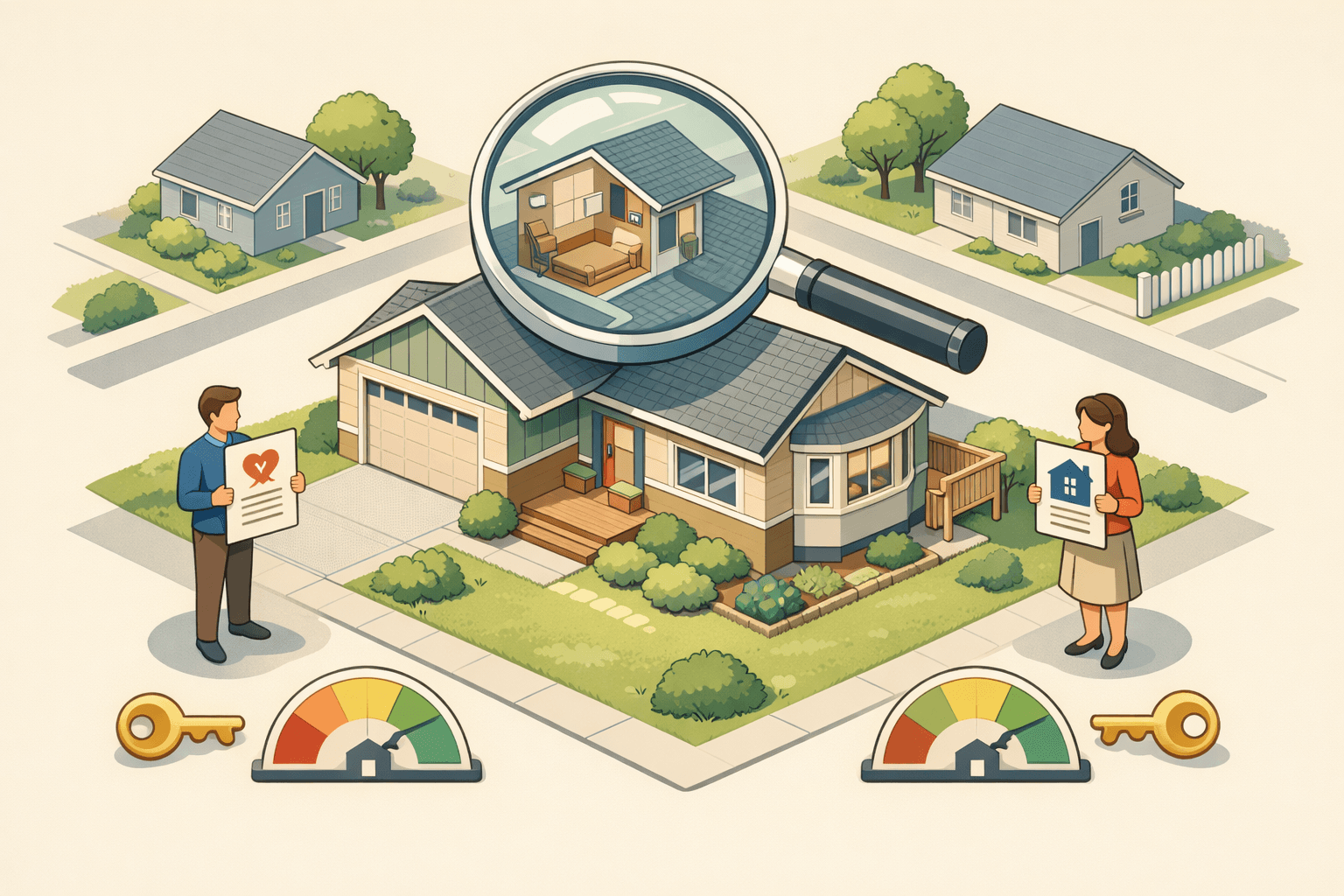 Two people standing on opposite sides of a shared house reviewing documents representing a divorce property split and mortgage process