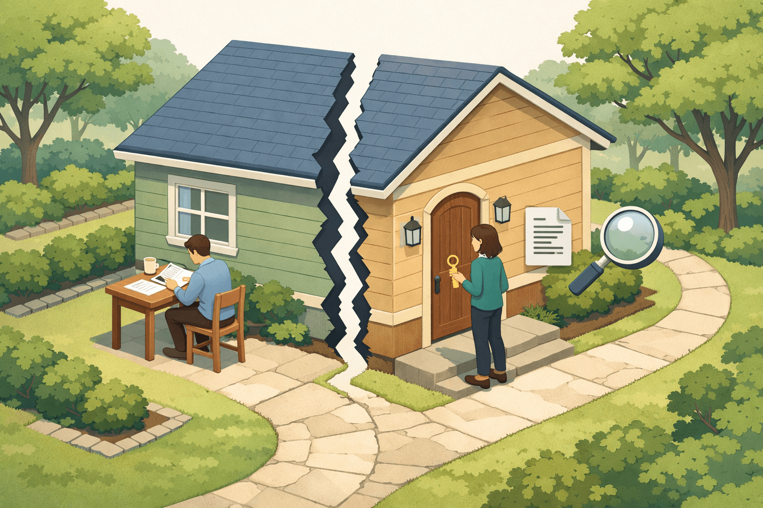 Isometric scene of a shared house being divided between two people, one reviewing documents and one holding a house key