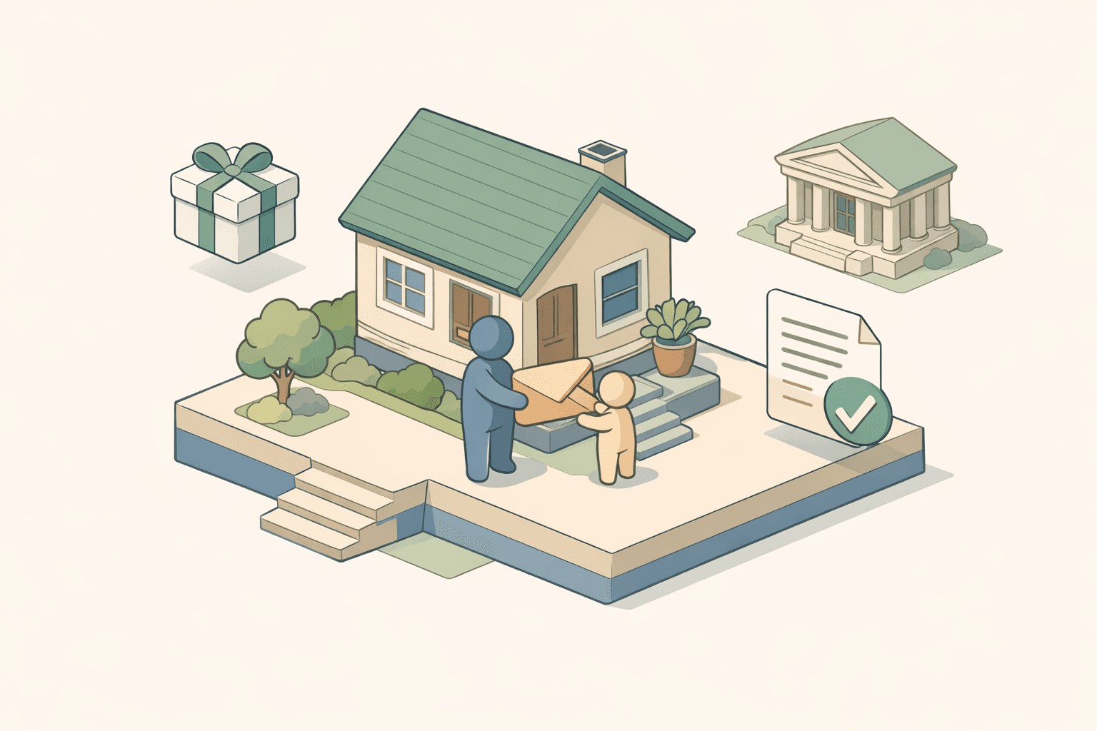 A family handing a gift envelope to a homebuyer standing in front of a house, representing gifted down payment funds for a mortgage.
