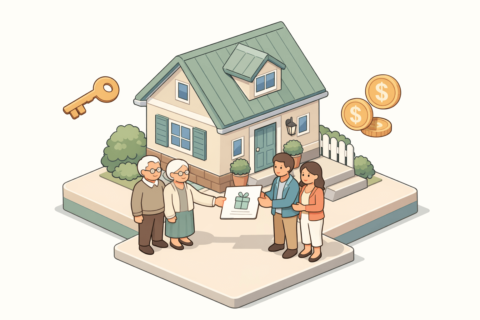 Grandparents gifting money to a young couple standing outside a home they are buying with a conventional mortgage loan