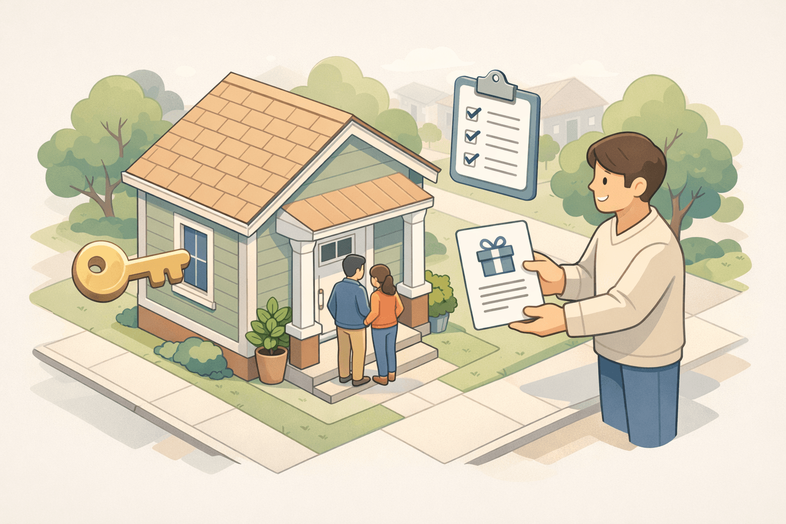 A parent handing over a gift document to a young couple standing in front of their new home