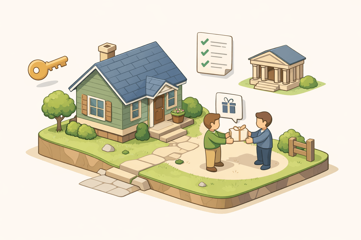 Two siblings reviewing mortgage documents beside a house, representing a gifted down payment for a conventional loan