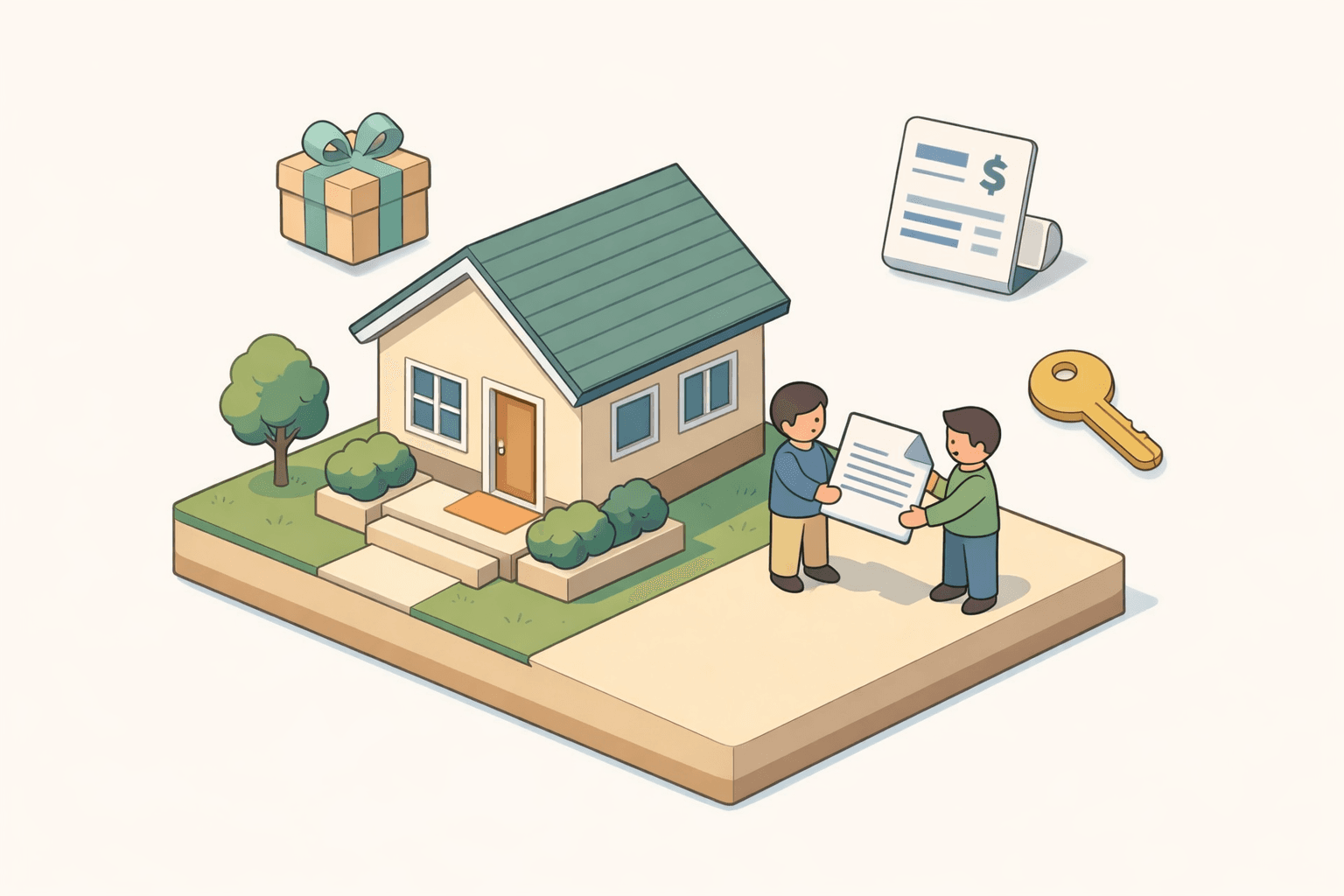Two siblings reviewing mortgage gift fund documents outside a residential home with a key and paperwork nearby