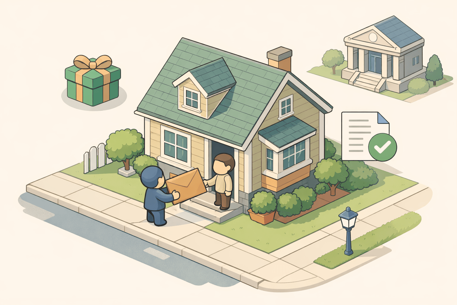 A family home with a document envelope and gift icon representing gifted down payment funds for a conventional mortgage