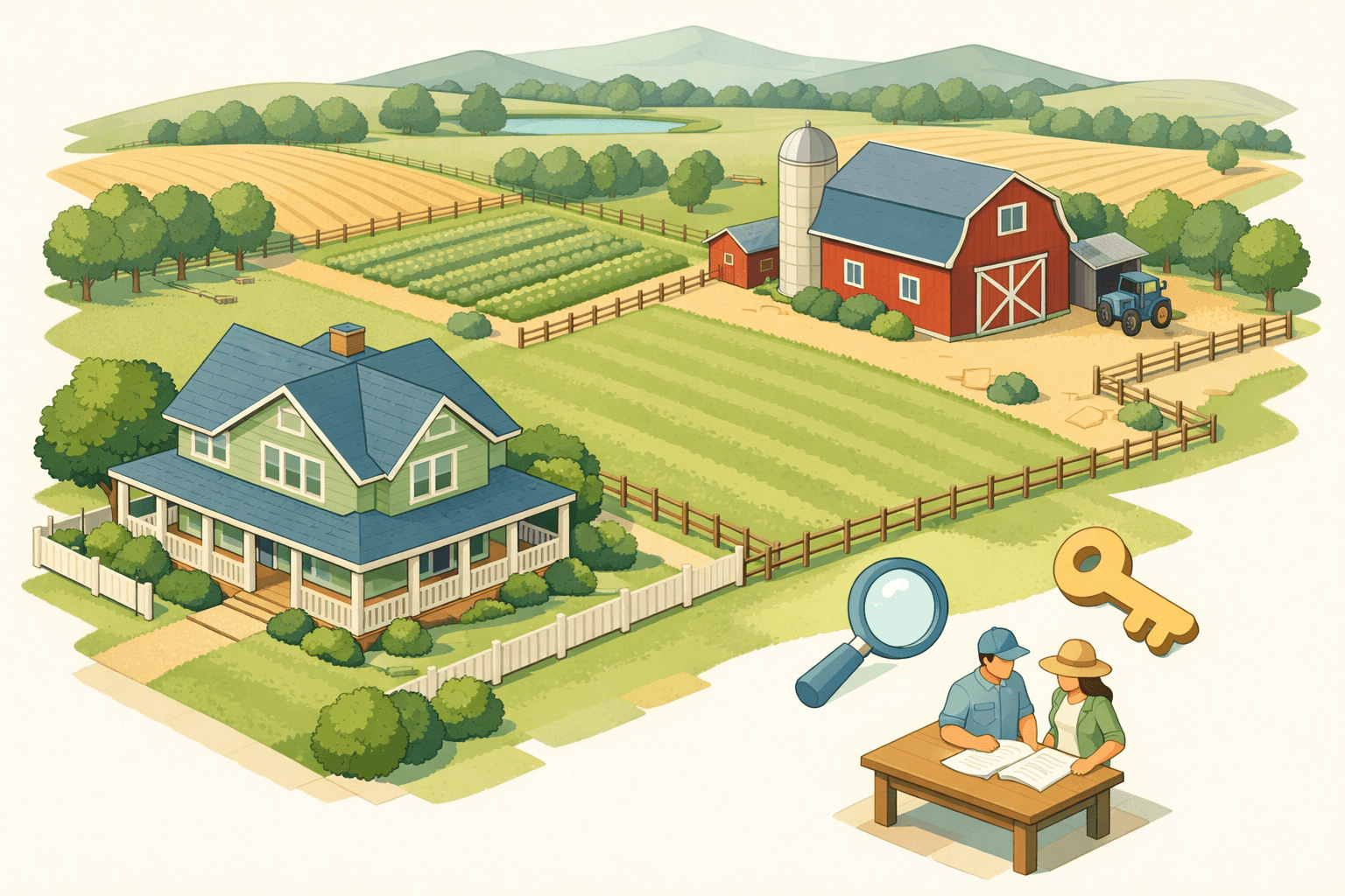 Isometric view of an inherited farm property with a farmhouse, barn, and open fields being reviewed for a conventional mortgage loan.