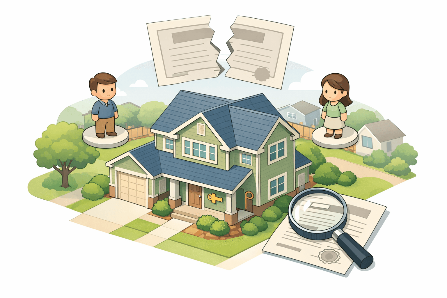 Two heirs reviewing inherited property documents outside a house, with a split title deed and key icon nearby.