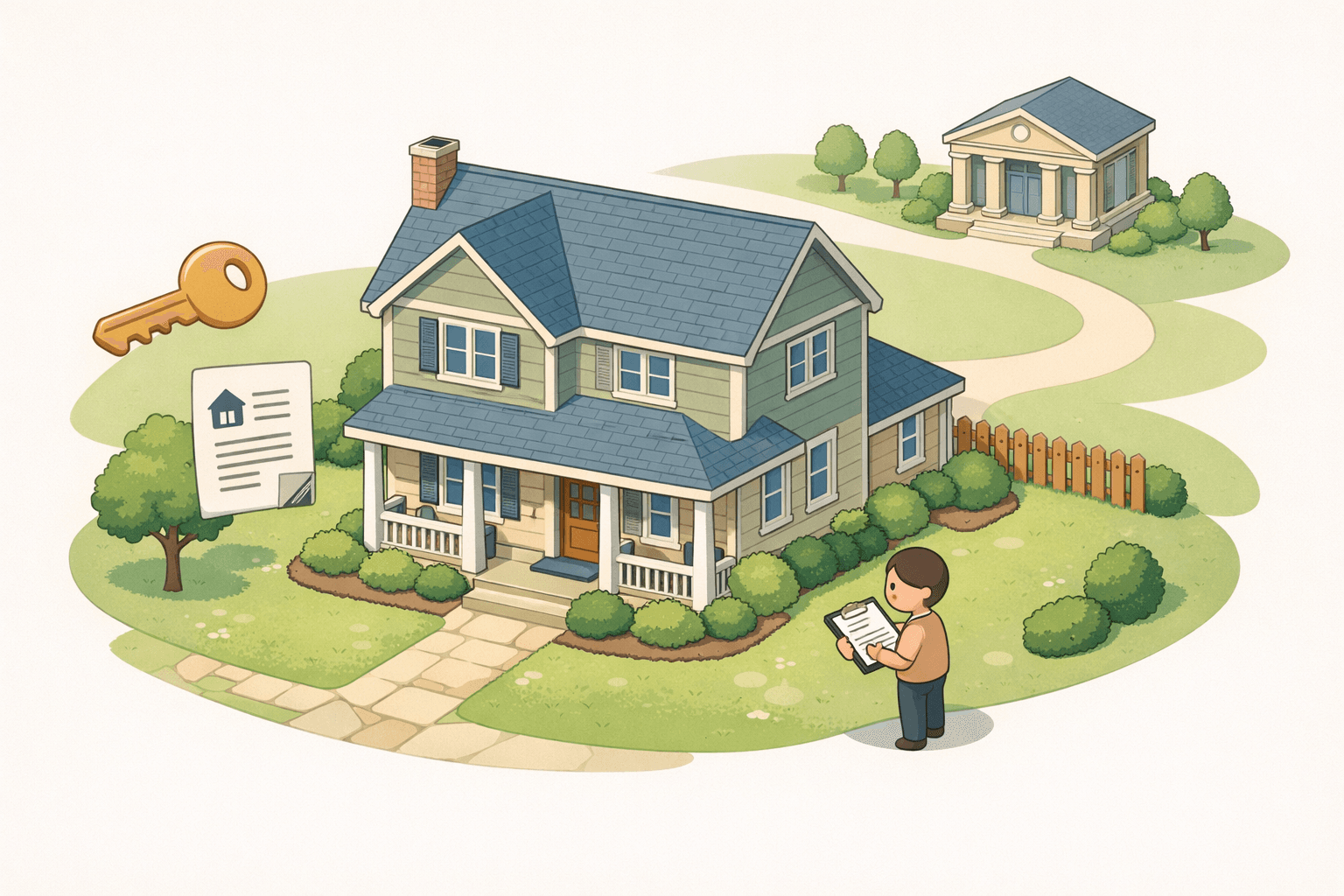 Isometric illustration of an inherited house with a person reviewing mortgage documents near the front door and a bank in the background