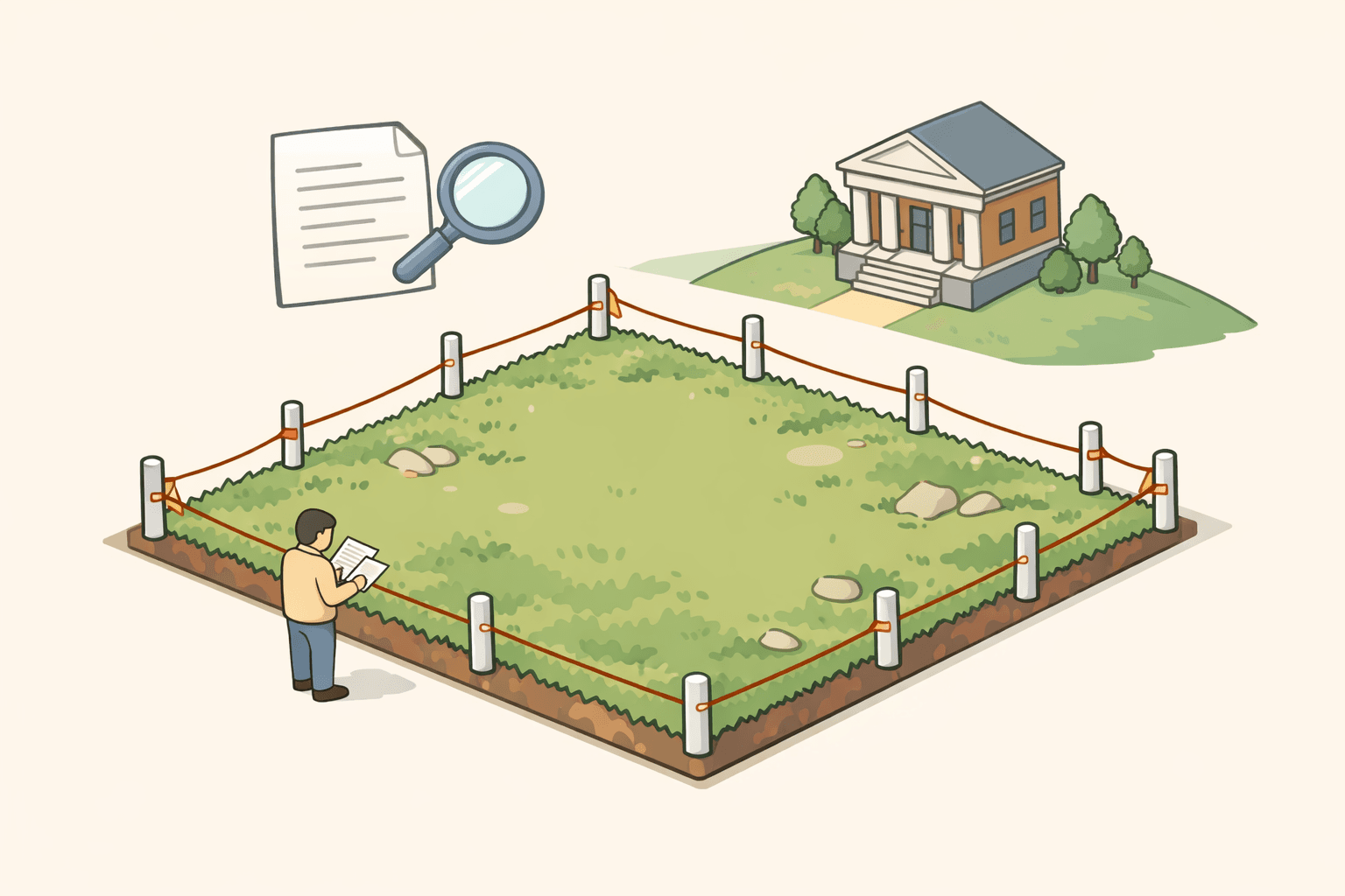 A vacant inherited land parcel with no structures shown in an isometric view with property markers and a small figure reviewing documents nearby
