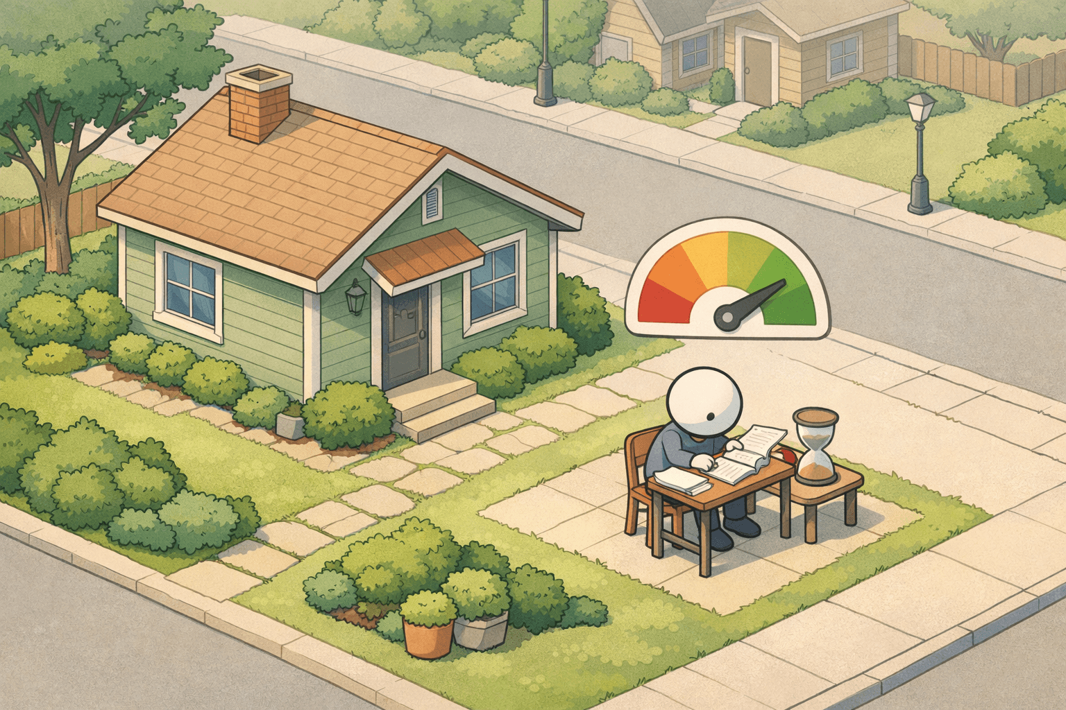 A small figure reviews mortgage documents outside a house with a credit gauge and hourglass floating nearby in a quiet neighborhood