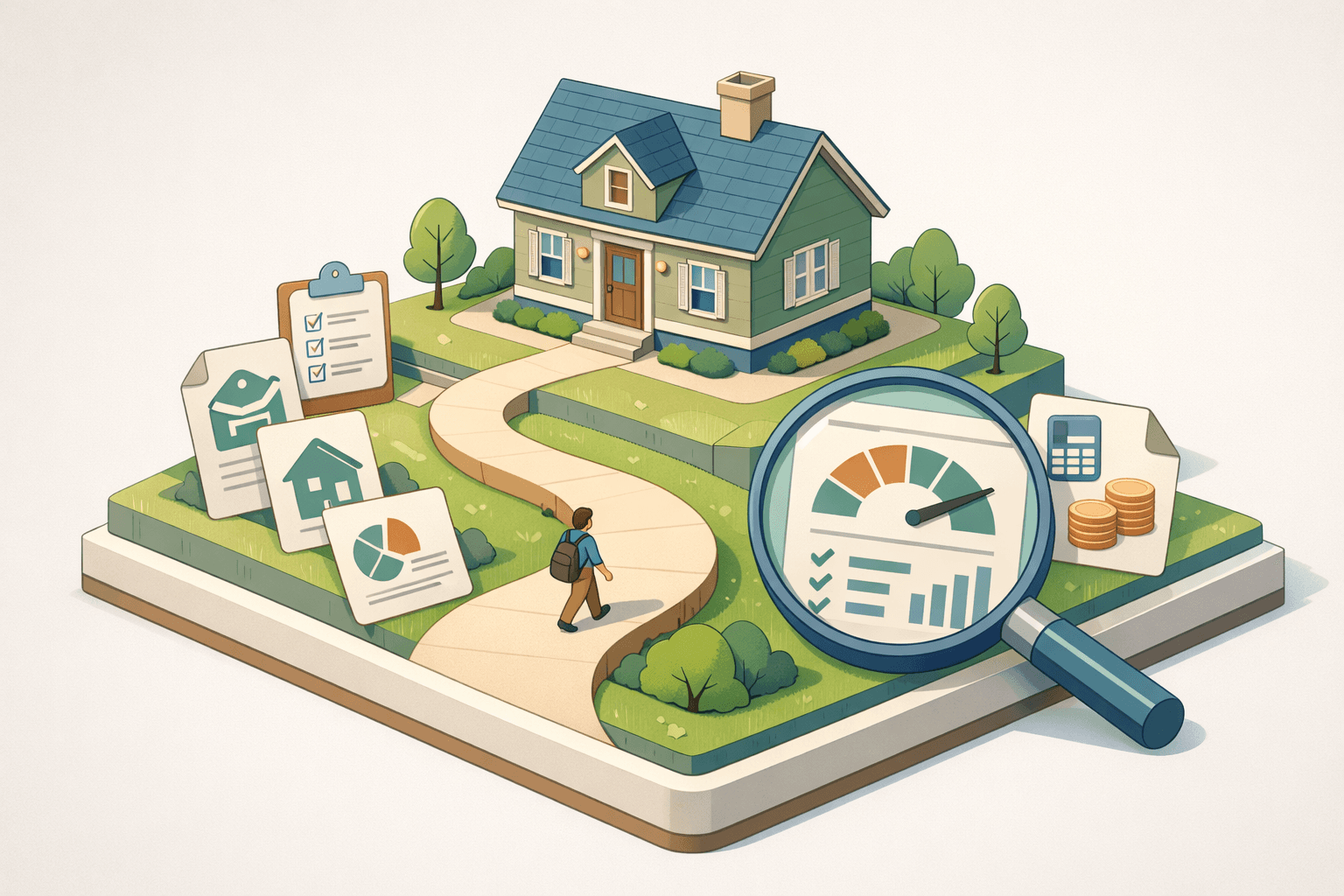 A small house on a platform with a winding path, credit document icons, and a figure walking toward homeownership after foreclosure