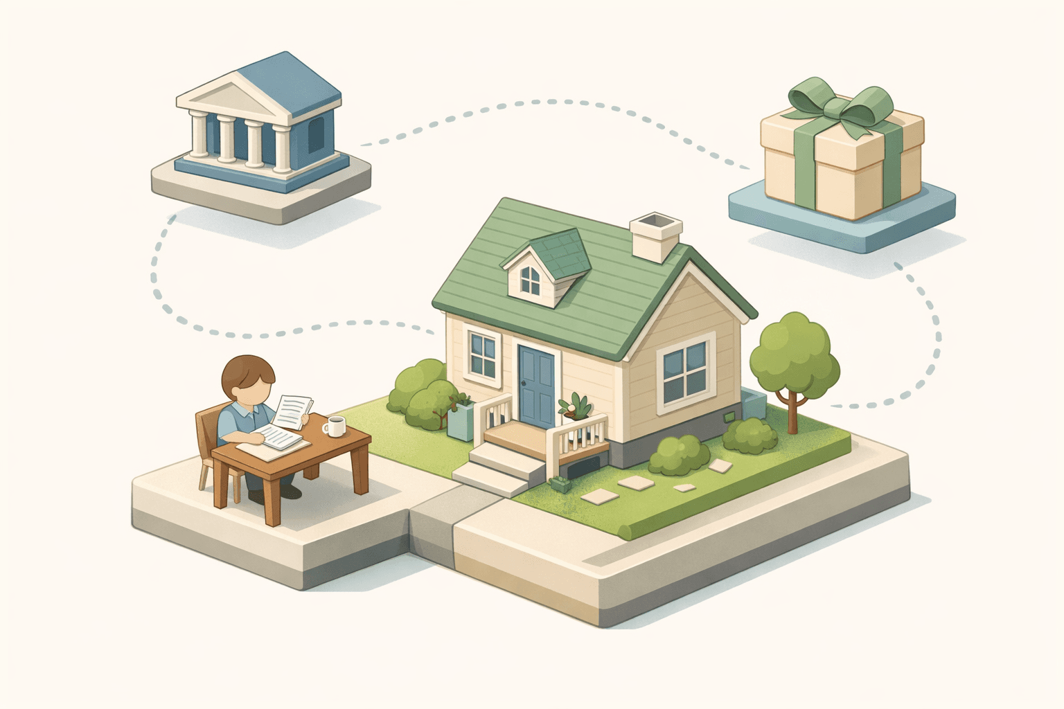 A small house and a person reviewing mortgage documents beside a courthouse icon and a gift box representing a gifted down payment