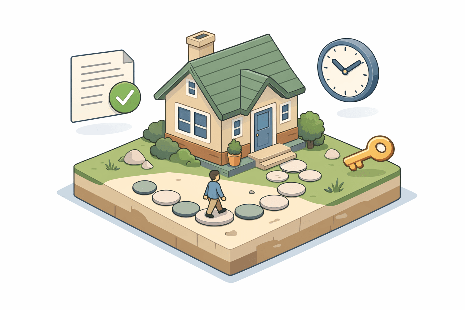 A small house on stepping stones with a person walking toward it, surrounded by floating document and key icons representing mortgage approval after bankruptcy.