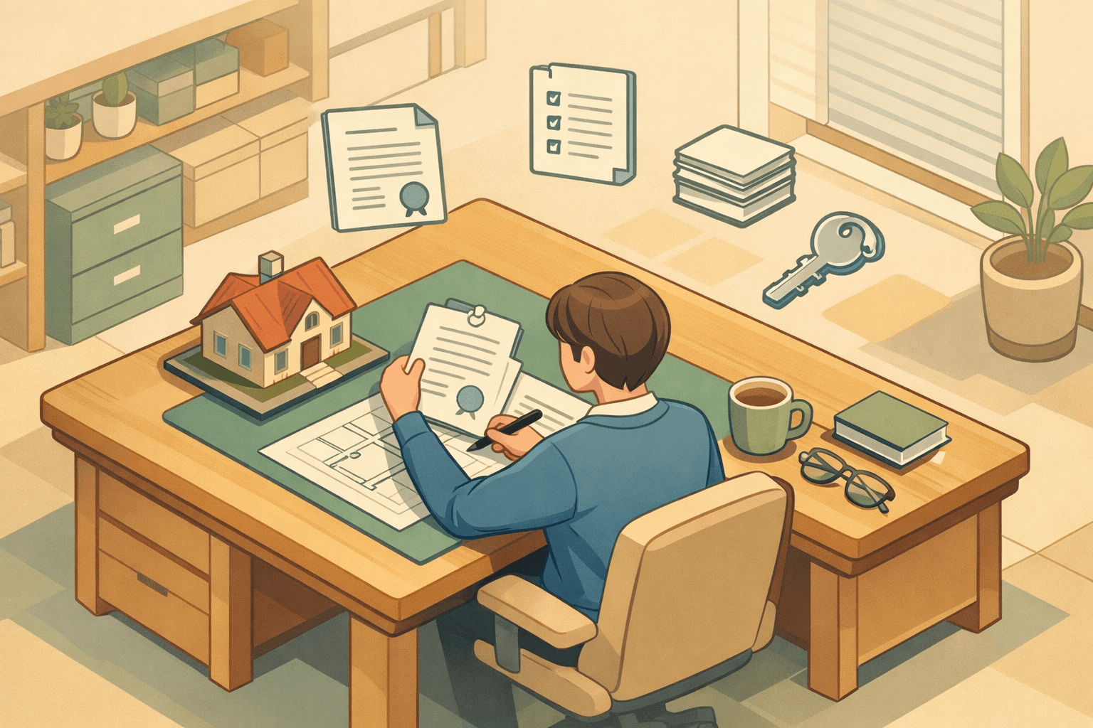 A person reviewing divorce documents and a house model at a desk, representing mortgage qualification after divorce.