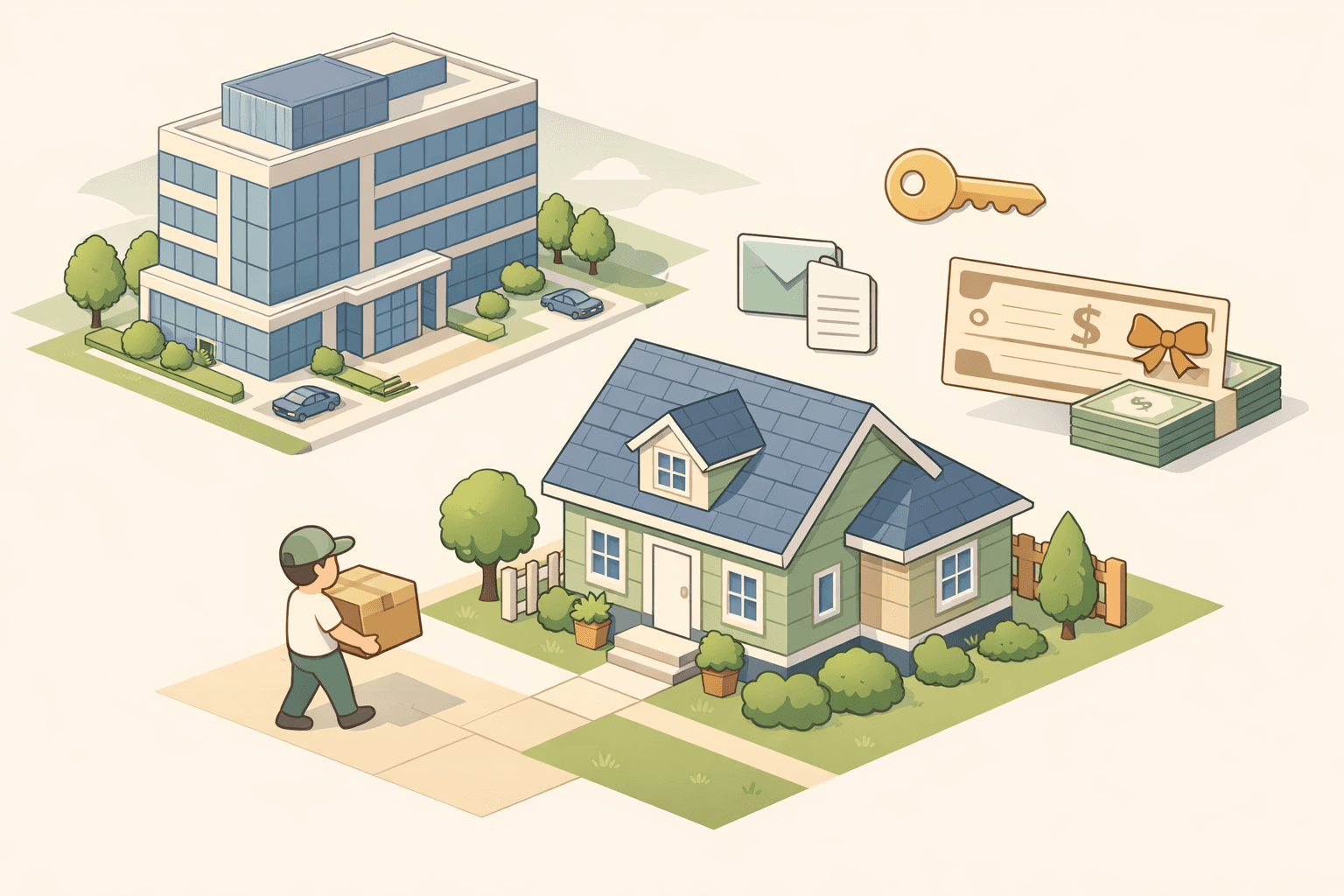 A person carrying moving boxes toward a new house with an office building in the background representing job relocation and home buying