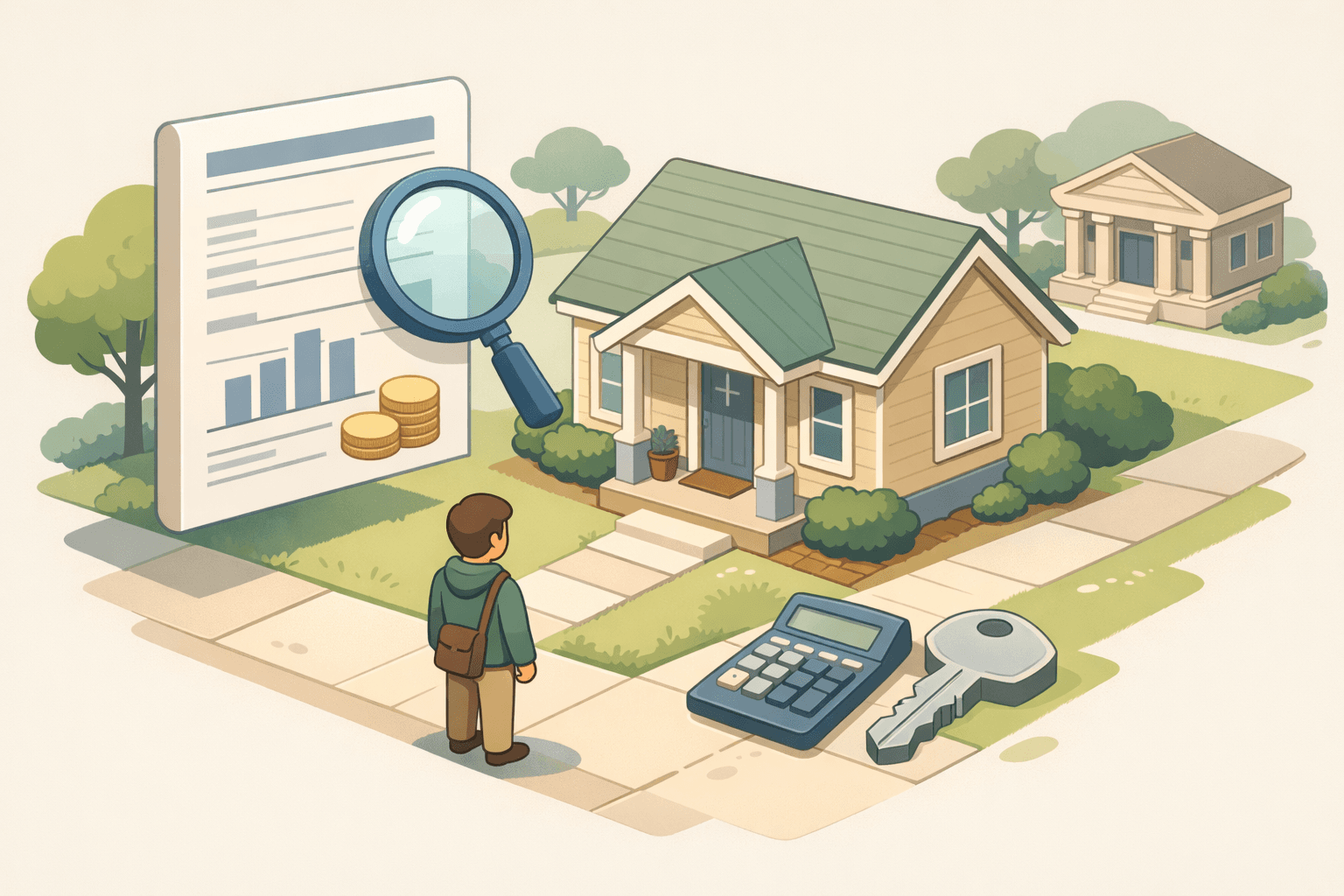 A homebuyer reviewing student loan documents outside a house with a calculator and key icon nearby