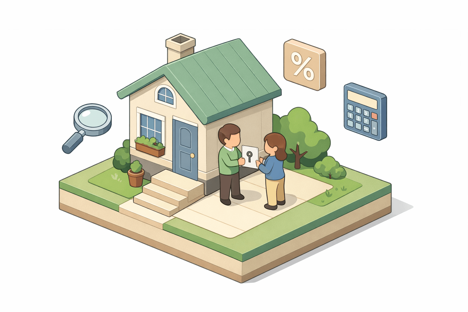 A small house with two people exchanging documents near the front door, surrounded by icons representing down payment and loan approval