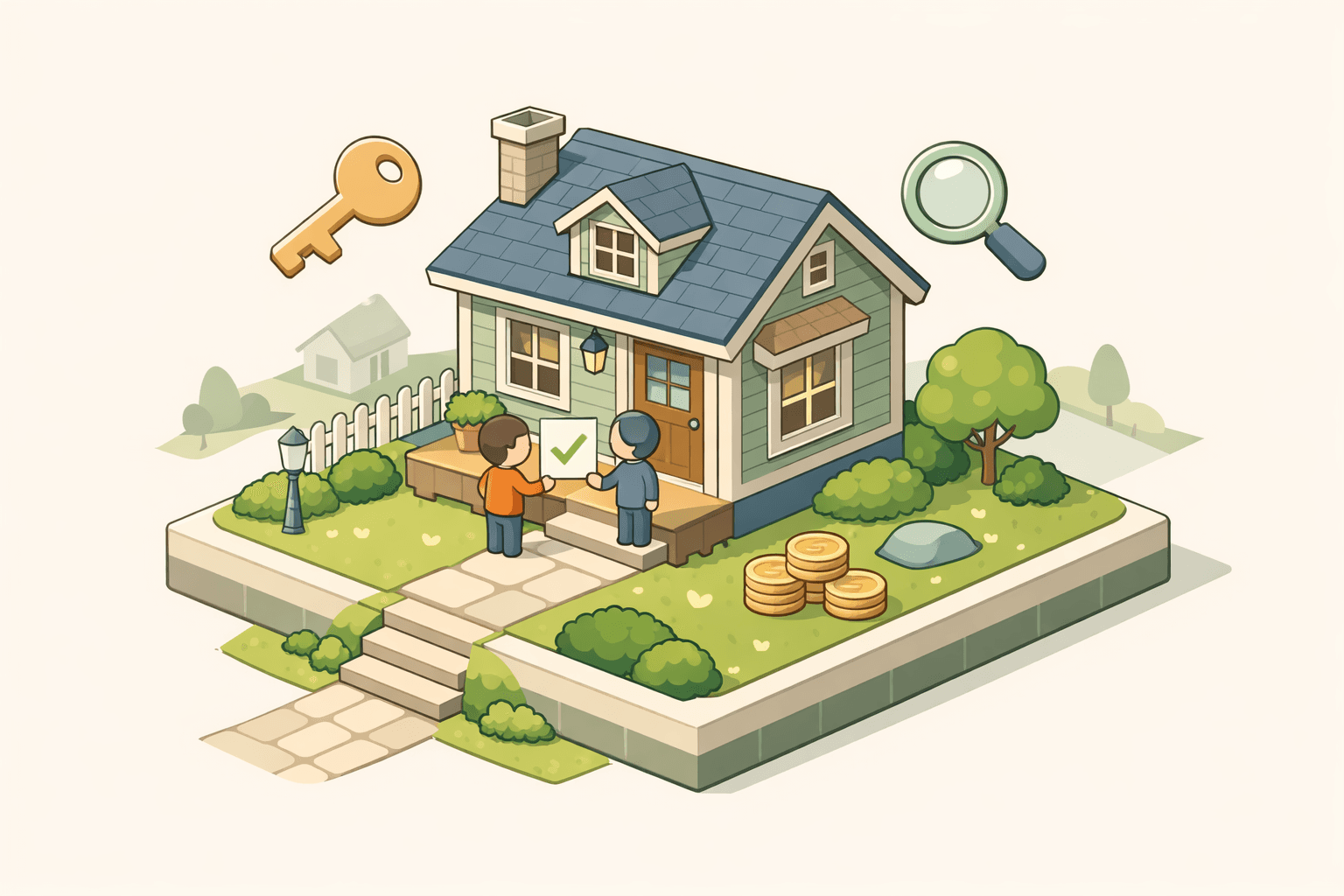 A small house with a tiny person handing over documents near the front door, representing FHA loan down payment requirements.