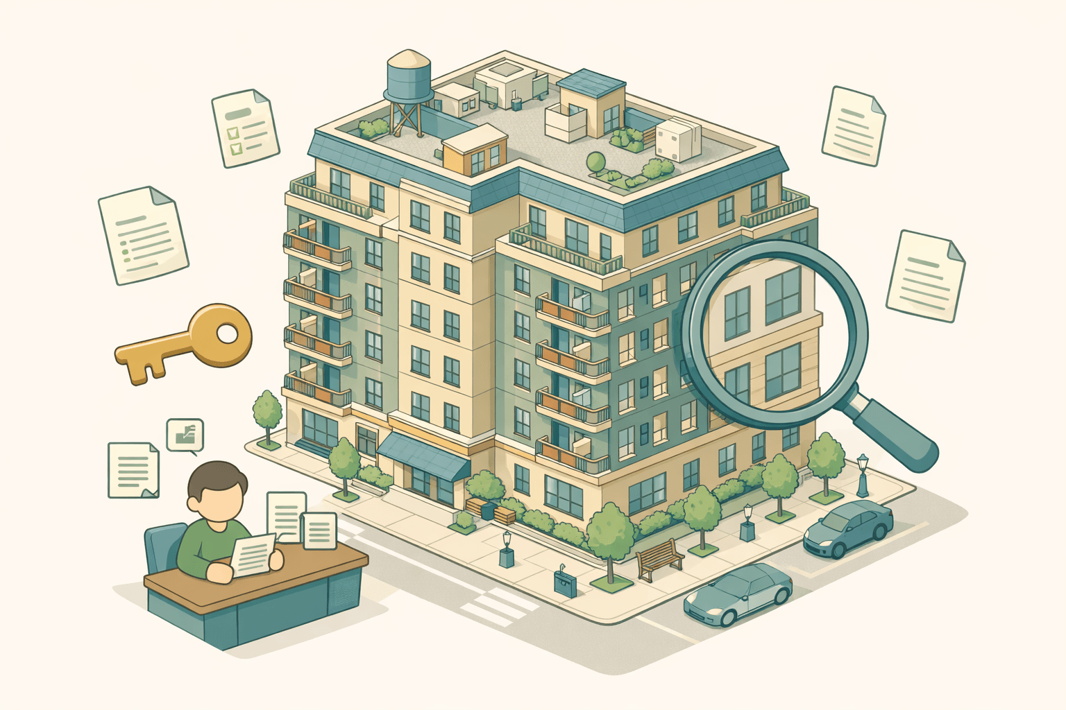 Isometric view of a co-op apartment building with a person reviewing loan documents and a floating key icon nearby
